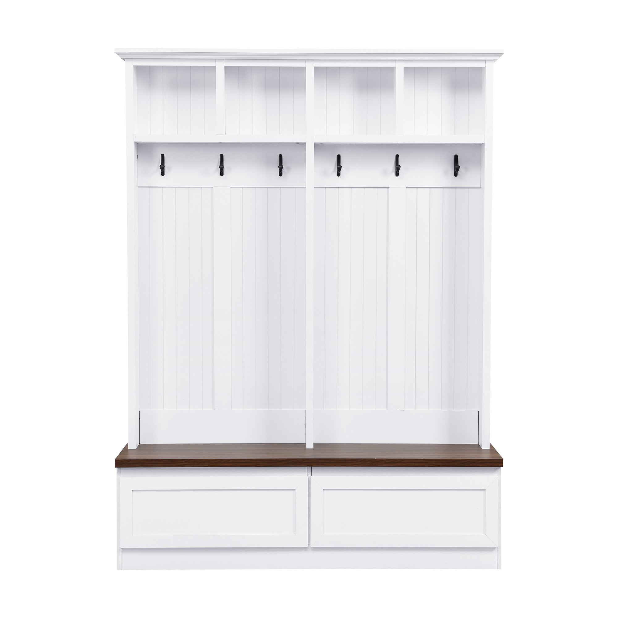 Farmhouse 4-in-1 Hall Tree with Wood Grain Bench, Mudroom Versatile Coat Rack with 2 Large Drawer, Entrance Organizer for Hallway, Living Room, White, 55.9'W (OLD SKU: N721P313099K) - Grand Goldman Shop