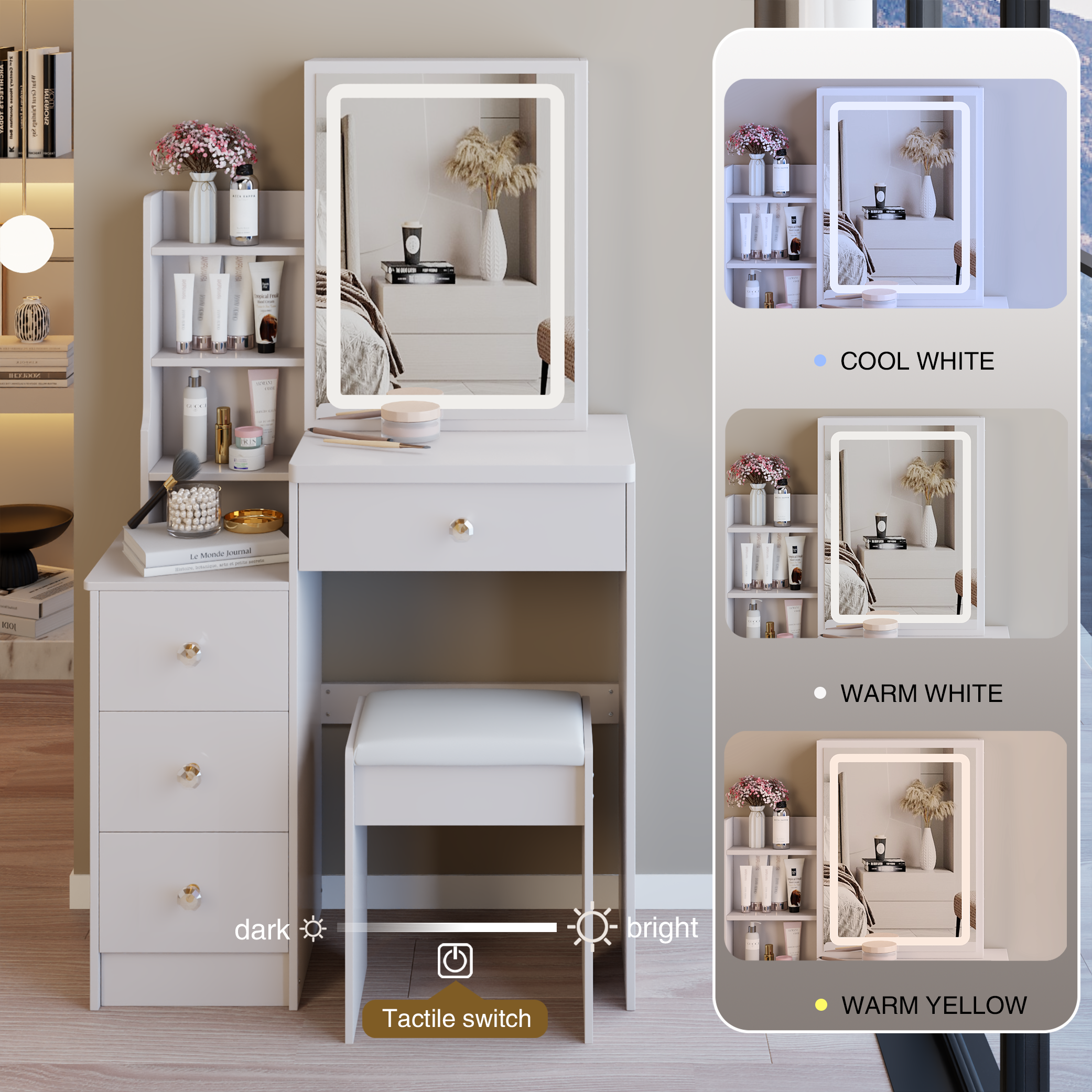 29.2' Small Size Left Bedside Cabinet LED Mirror Vanity Table + Cushioned Stool, Large Sliding, Touch Control, 3-color Switch, Brightness Adjust Mirror, High Capacity Storage, EPA, GCC, UL Certificate - Grand Goldman Shop