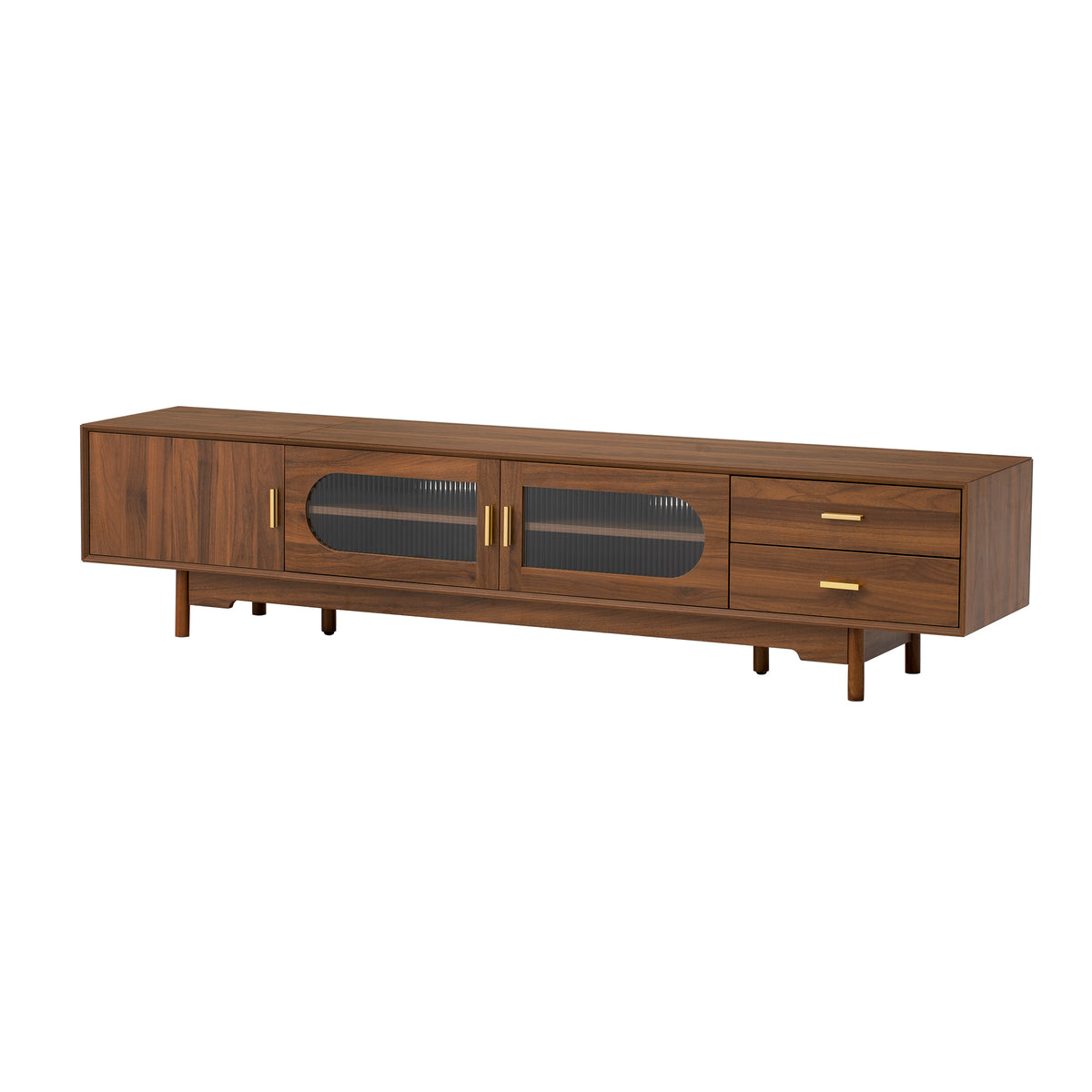 Modern TV Stand for 75-85 inch TVs with Fluted Glass Doors, 2 Drawers, Walnut Solid Wood Legs, 78.7'' L - Grand Goldman Shop