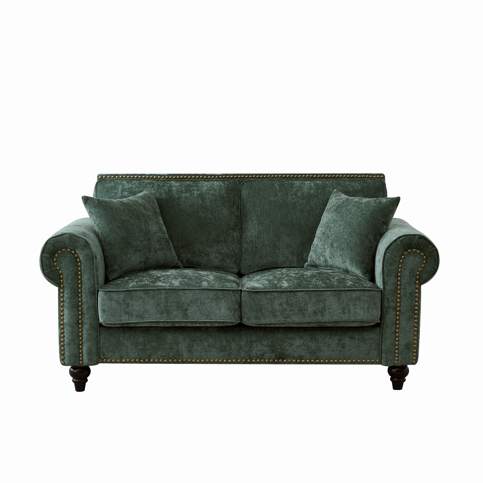 Modern 2-Seater Sofa with Rolled Arms, Tufted Upholstery, Wood Legs, Nailhead Trim, Beige Fabric, 63' - Grand Goldman Shop