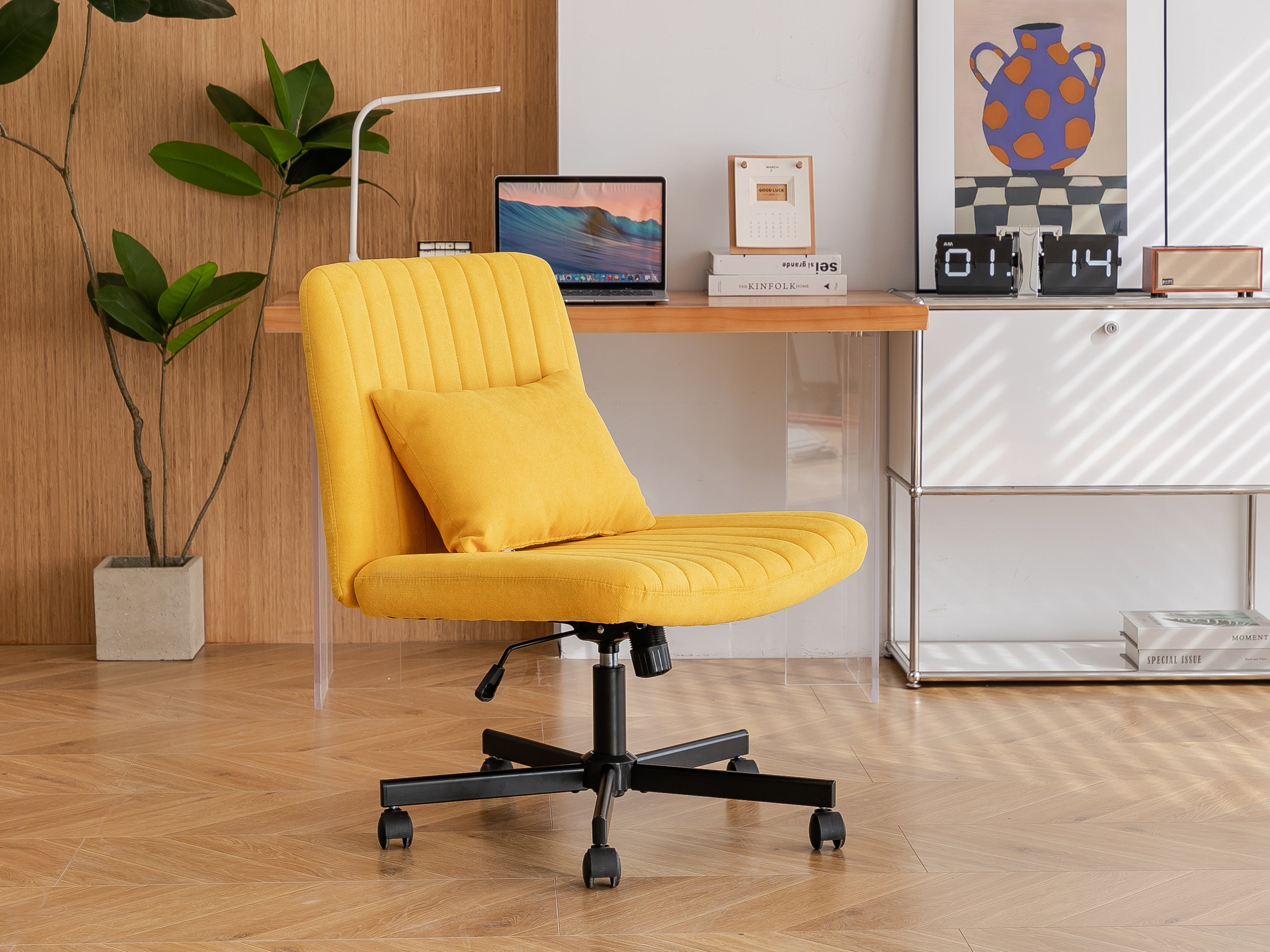 Yellow Linen Criss Cross Armless Office Chair with Wheels - Modern Comfort for Home Office, Meditation & Makeup Spaces - Gran