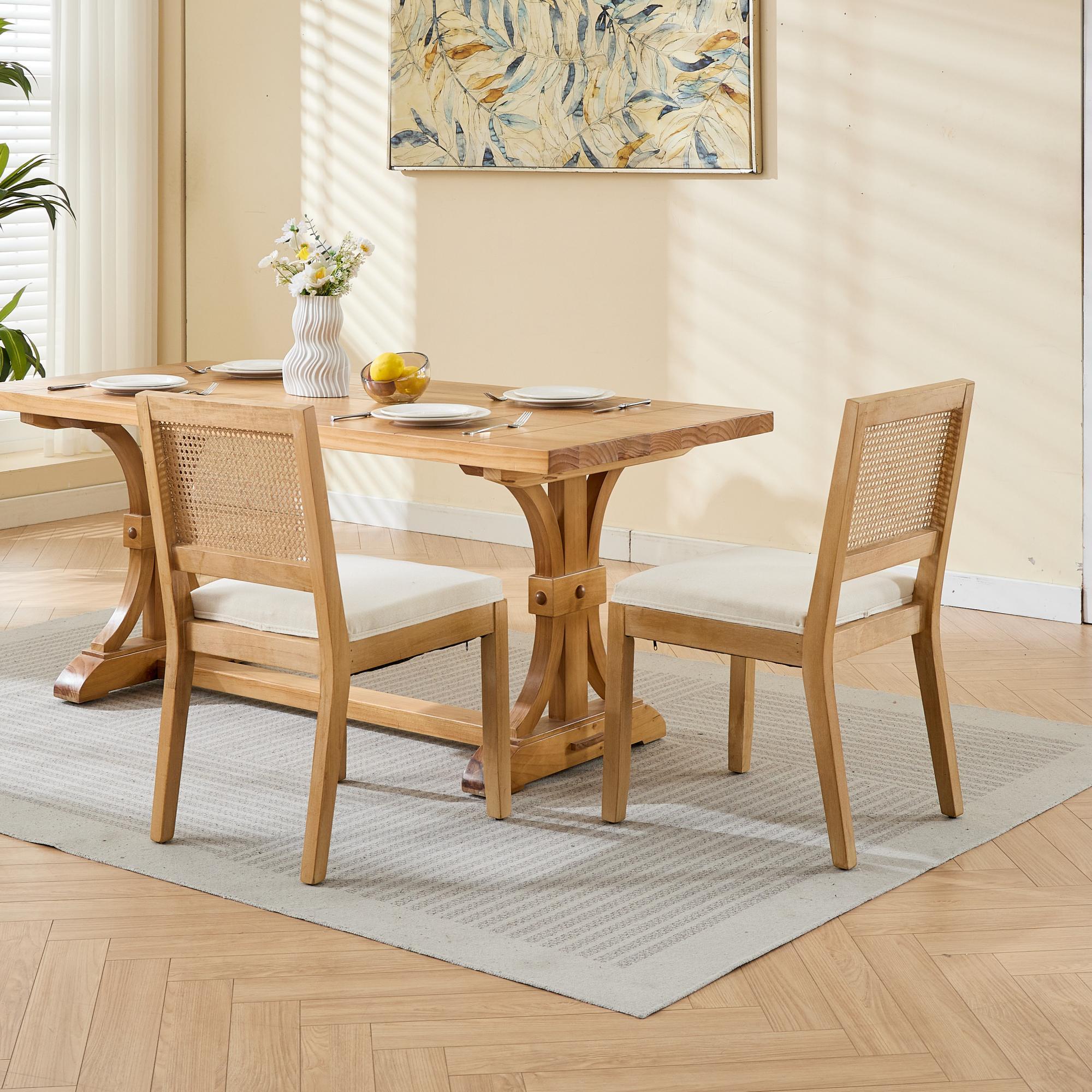 Farmhouse Rattan Dining Chairs Set of 2, Mid Century Modern Kitchen & Dining Room Chairs, Cane Upholstered Kitchen Side Chair with Natural Hardwood Frame, Beige - Grand Goldman Shop