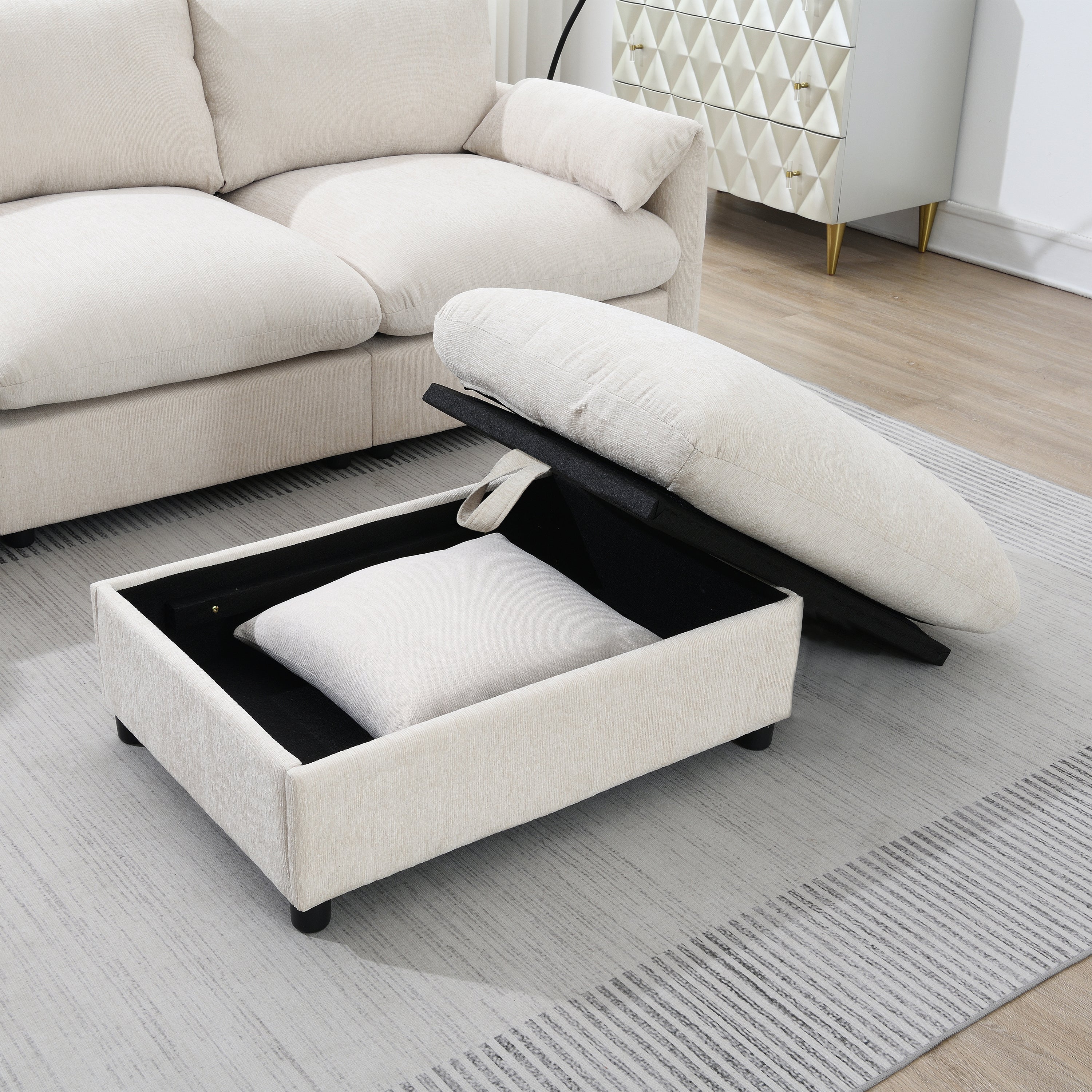 [VIDEO]96.5'' L-Shaped Sectional Sofa with Storage Ottoman and Pockets, Adjustable Phone Holder, USB Charger, Elephant Ear-Shaped Armrests, Comfy Seat for Living Room&Apartment, Chenille, 3 Colors - Grand Goldman Shop