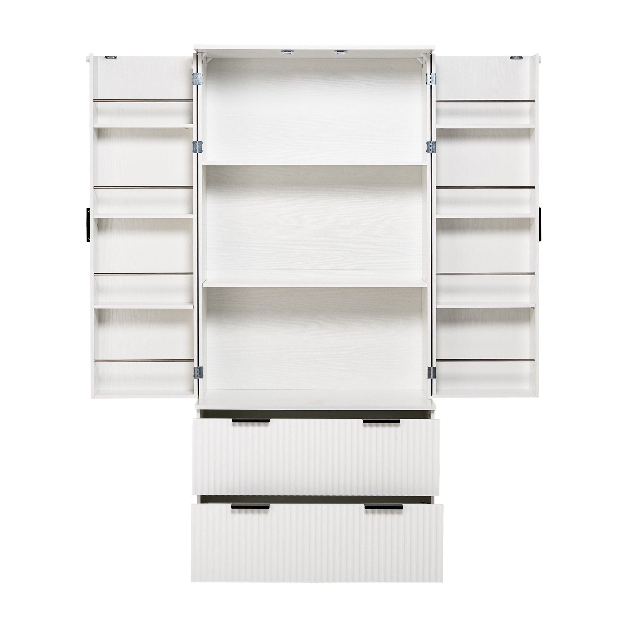 72' Modern Fluted Kitchen Pantry Cabinet with 2 Large Drawers & 8-Door Spice Rack, White MDF Freestanding Storage Organizer for Bathroom, Dining Room, Office, Entryway - Grand Goldman Shop