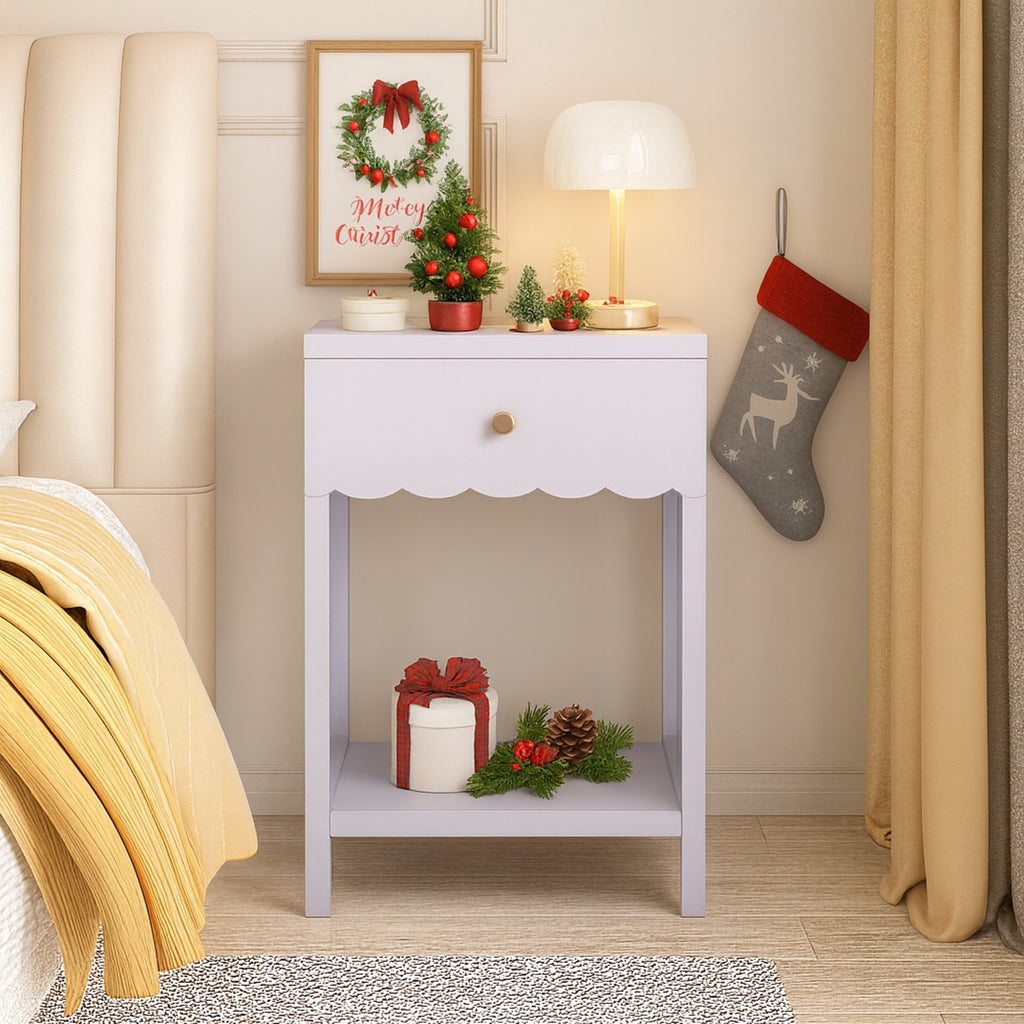 Modern Nightstand with Drawer and Open Shelf, Scalloped Edge Bedside Table in Light Purple, Minimalist Side Table for Kids Room or Girls' Room, Engineered Wood, 16.93 x 14.96 x 26.77 inches - Grand Goldman Shop