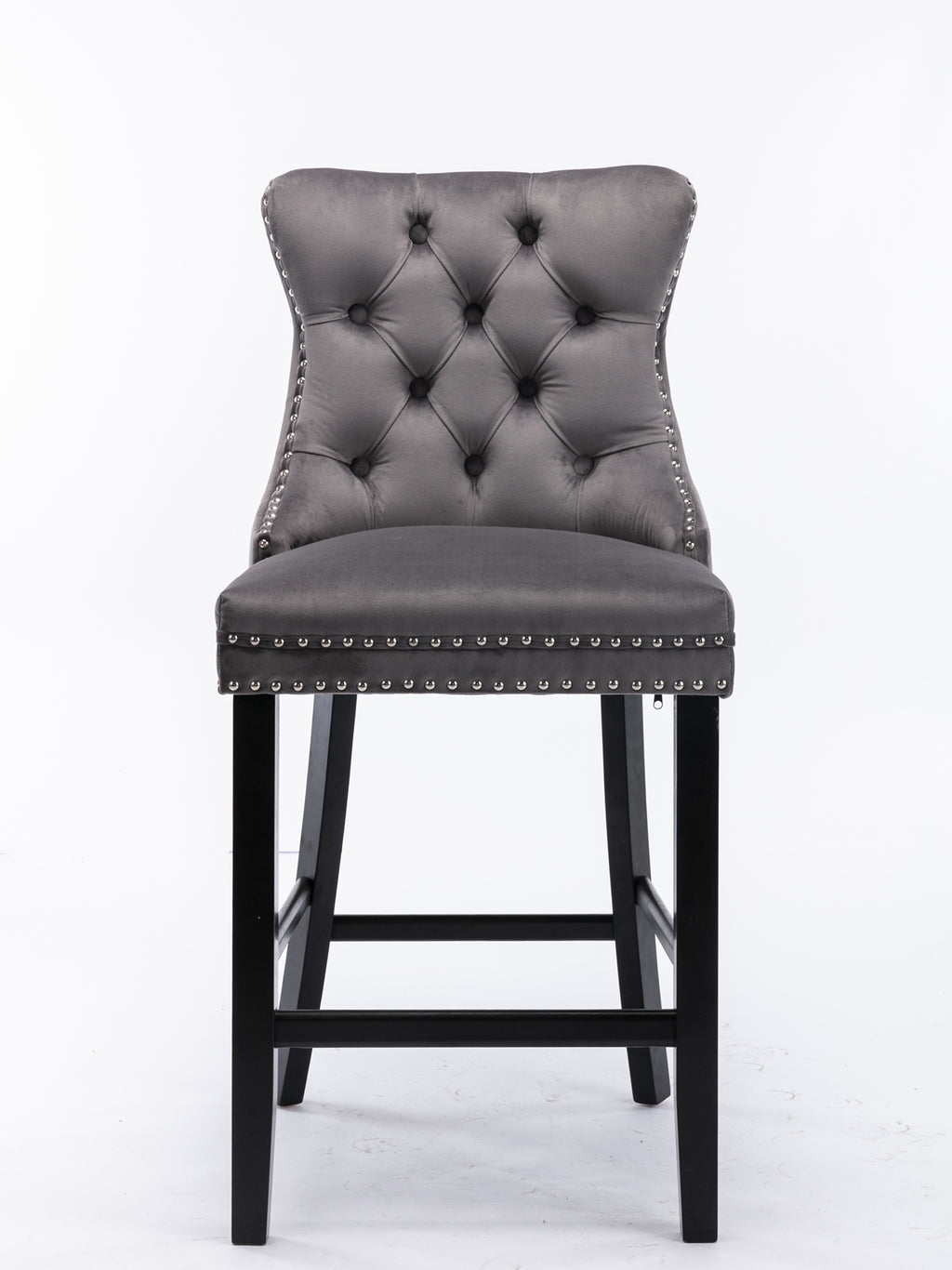 Contemporary Velvet Upholstered Barstools with Button Tufted Decoration and Wooden Legs, and Chrome Nailhead Trim, Leisure Style Bar Chairs,Bar stools, Set of 2 (Gray),SW1902GY - Grand Goldman Shop