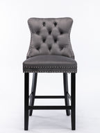 Contemporary Velvet Upholstered Barstools with Button Tufted Decoration and Wooden Legs, and Chrome Nailhead Trim, Leisure Style Bar Chairs,Bar stools, Set of 2 (Gray),SW1902GY - Grand Goldman Shop
