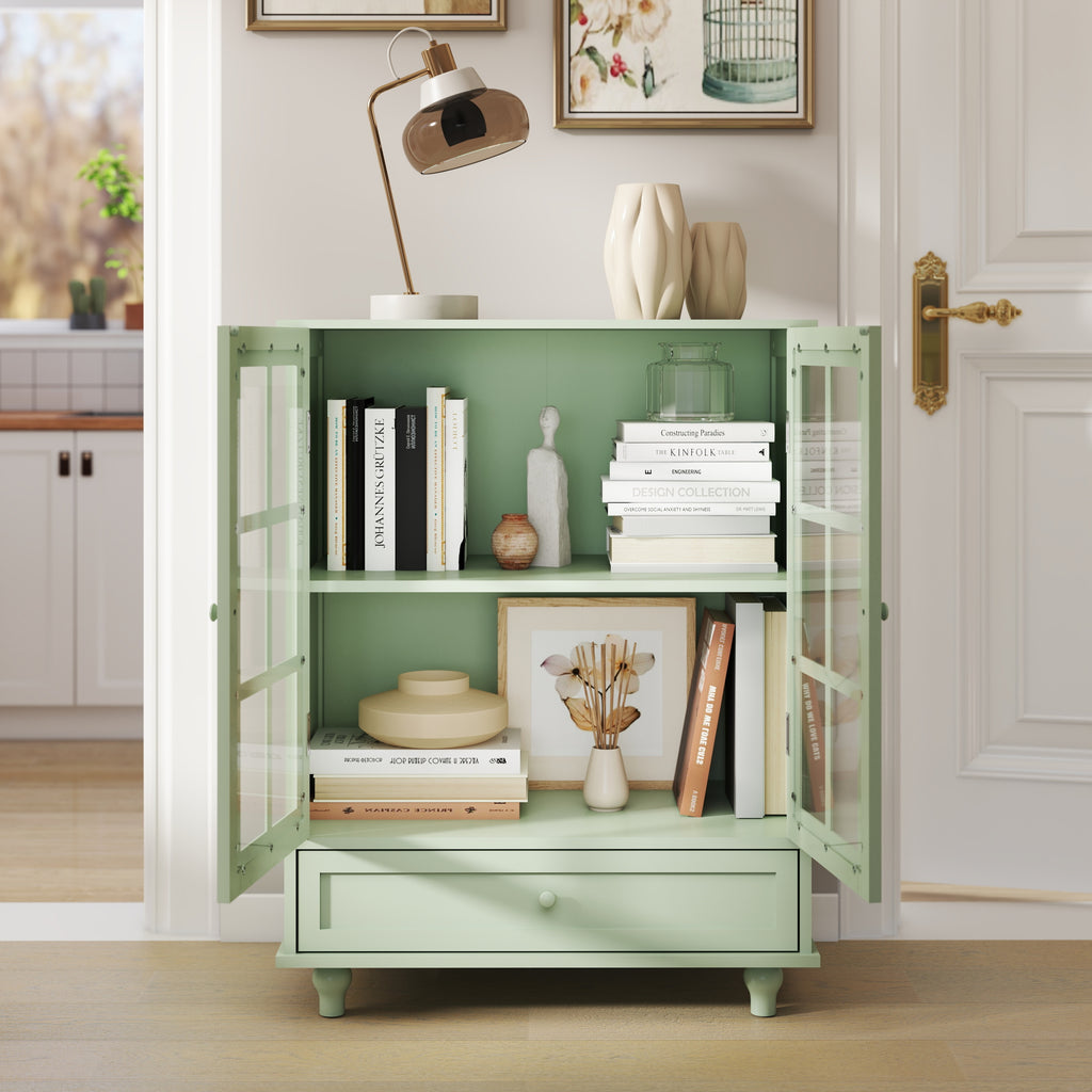 Minimalism Buffet Cabinet with Double Glass Doors and Drawer, Modern Wooden Storage Sideboard Cupboard, Mint Green, MDF and Solid Wood, 28''x15''x36.22'' - Grand Goldman Shop