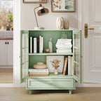 Minimalism Buffet Cabinet with Double Glass Doors and Drawer, Modern Wooden Storage Sideboard Cupboard, Mint Green, MDF and Solid Wood, 28''x15''x36.22'' - Grand Goldman Shop