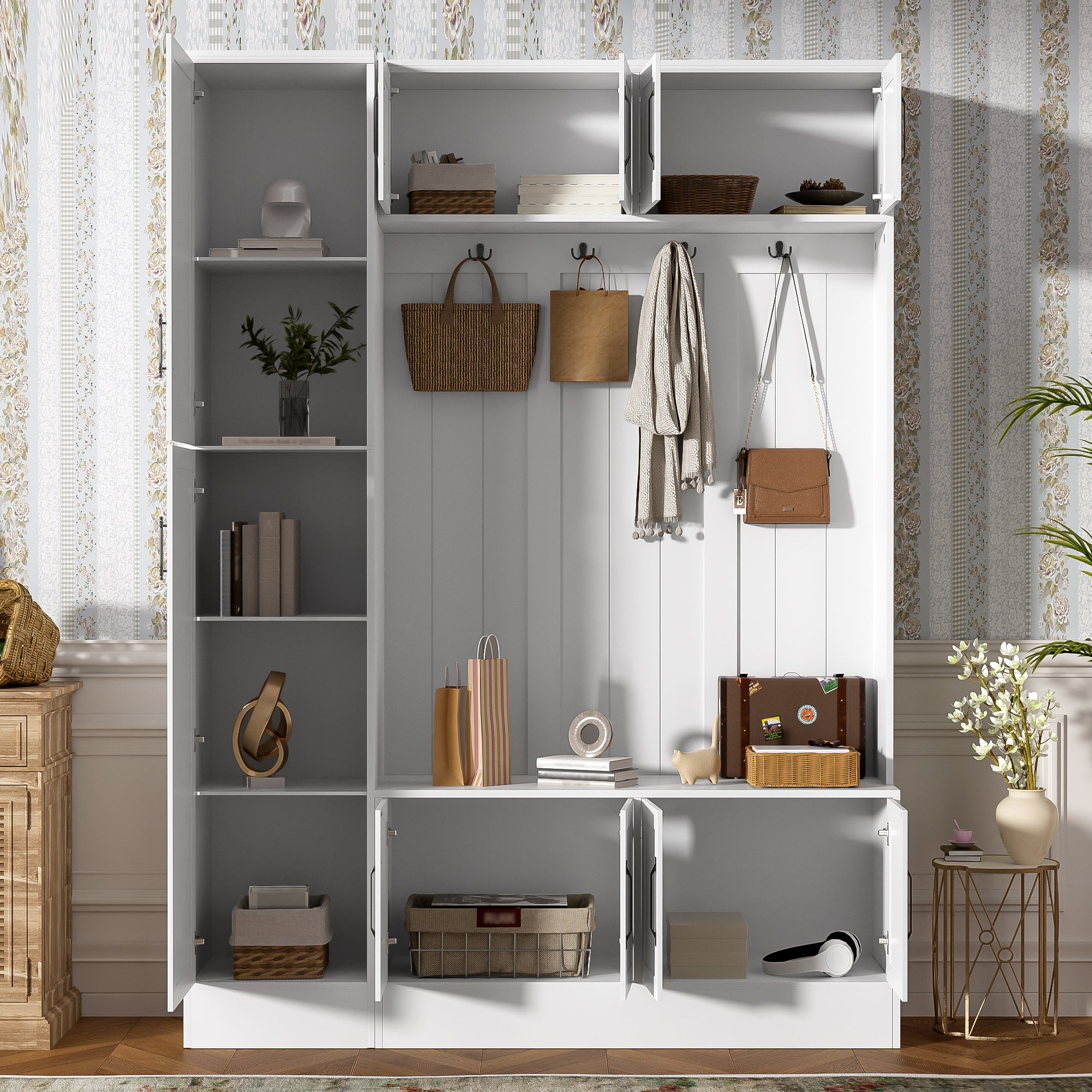 VIBE HAUS 79'' Tall Modern Hall Tree with Shoe Storage, 4-in-1 Entryway Bench with 6 Cabinets, 4 Coat Hooks & Adjustable Shelf for Hallway, living room, White - Grand Goldman Shop