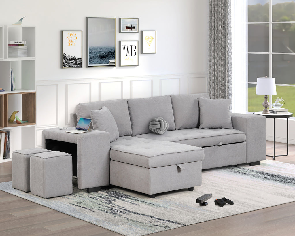 Modern Reversible L-Shape Pull Out Sleeper Sofa with Storage Chaise and Stools, Gray Linen, 104.5' - Grand Goldman Shop
