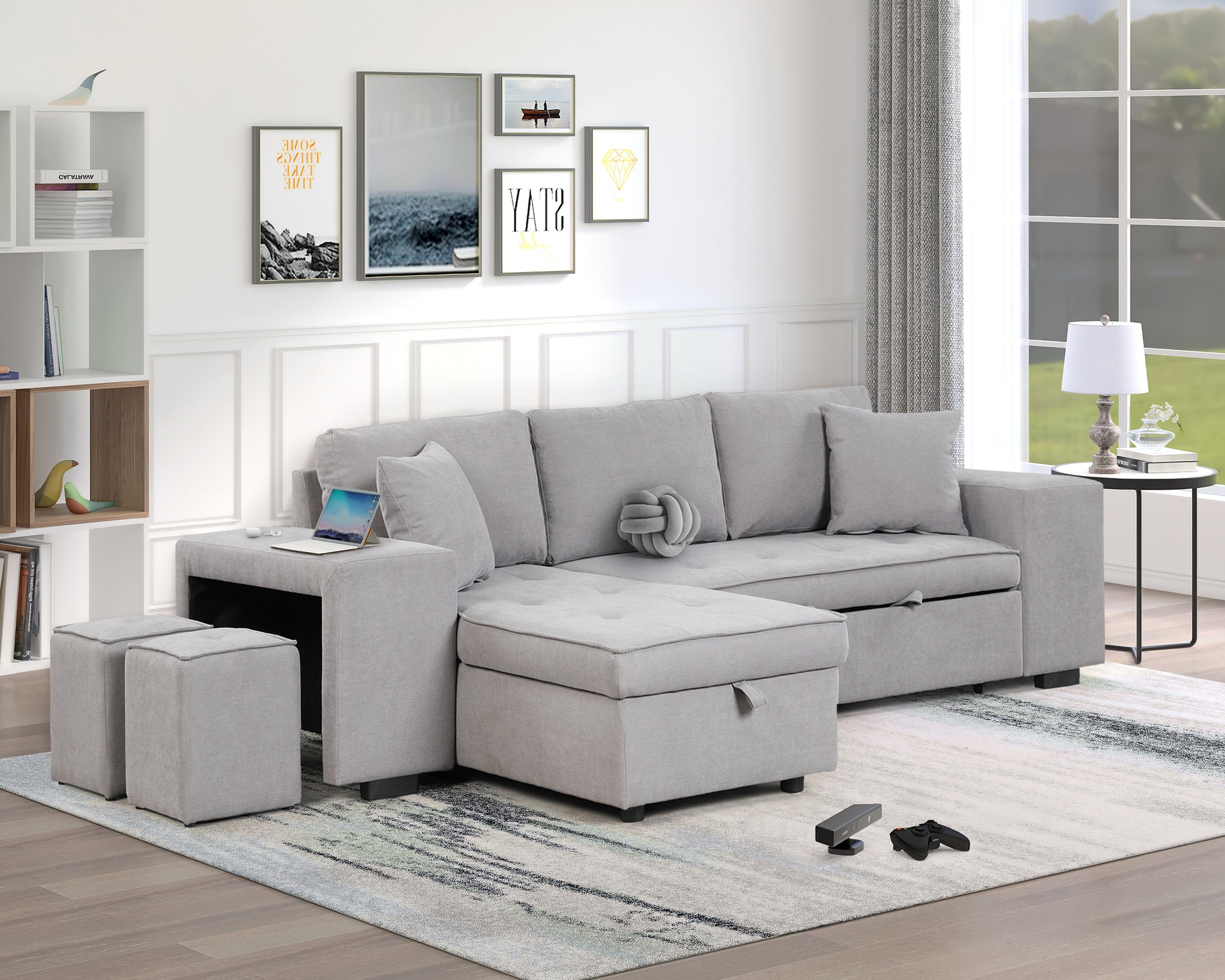 Modern Reversible L-Shape Pull Out Sleeper Sofa with Storage Chaise and Stools, Gray Linen, 104.5' - Grand Goldman Shop