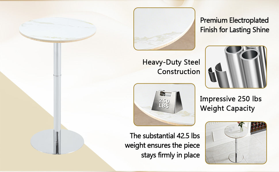 Rock slab circular tabletop non adjustable (39 inches high) bar table, bar table with silver legs and base (white) - Grand Goldman Shop