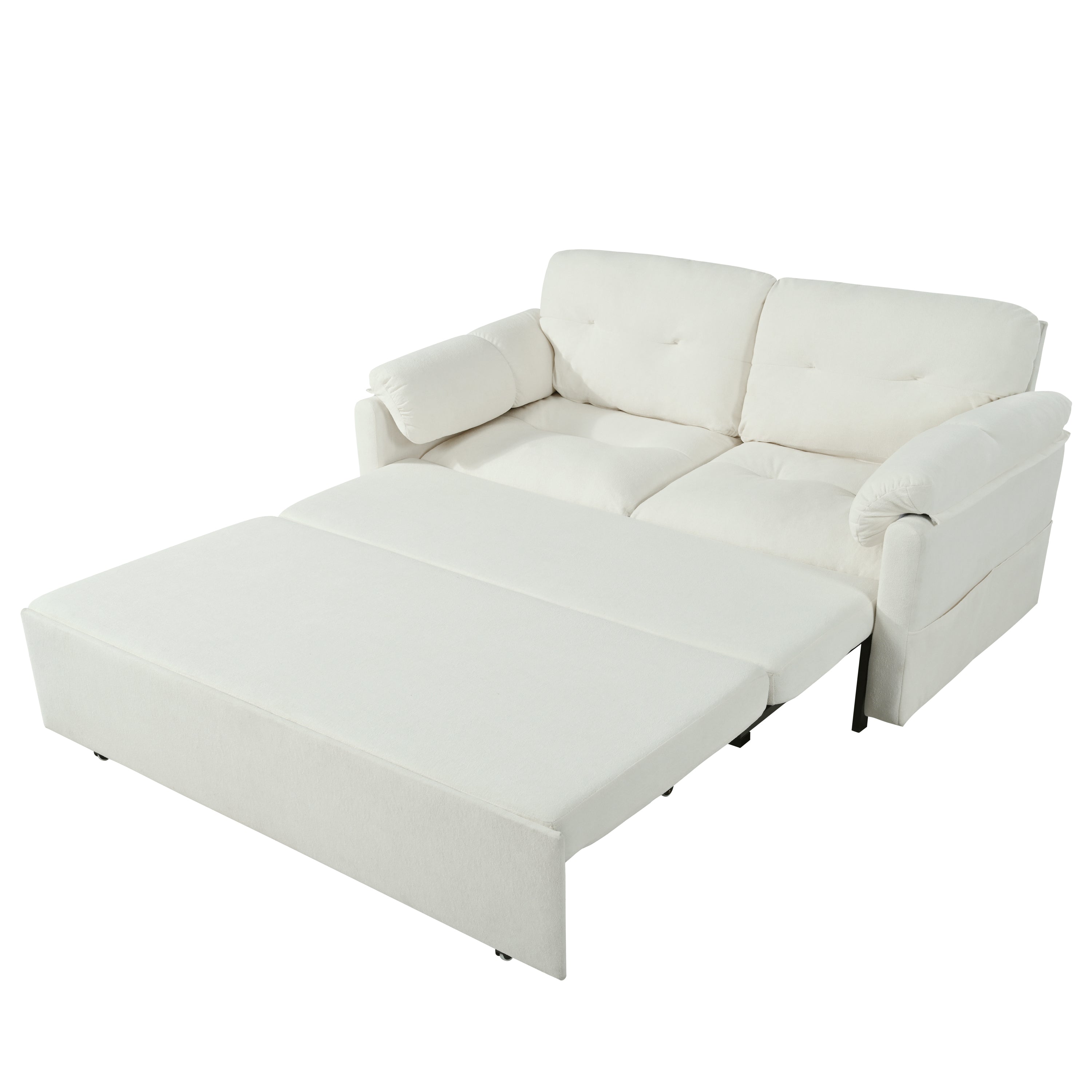 Convertible Pull-Out Queen Sleeper Sofa, 3-in-1 Loveseat with Side Storage & 8 Silent Casters, Beige Chenille Fabric, Fits Living Room, Bedroom, Apartment - Grand Goldman Shop