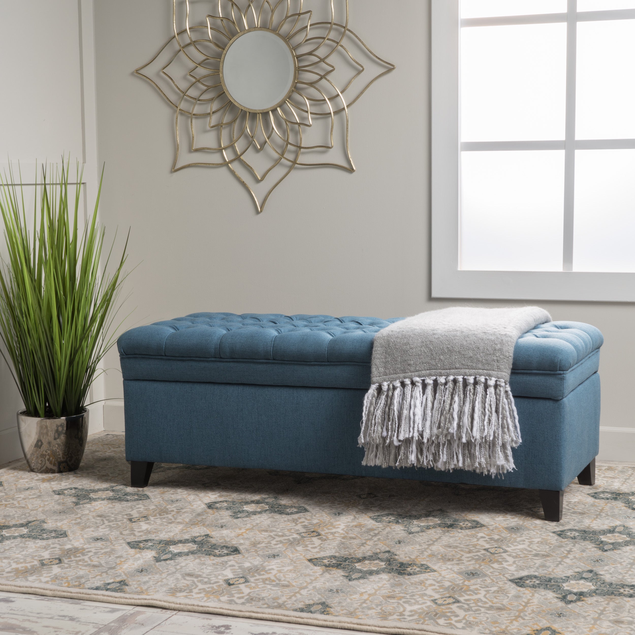 Juliana Storage Ottoman with Stylish Design in Blue Fabric and Birch Legs - Grand Goldman Shop