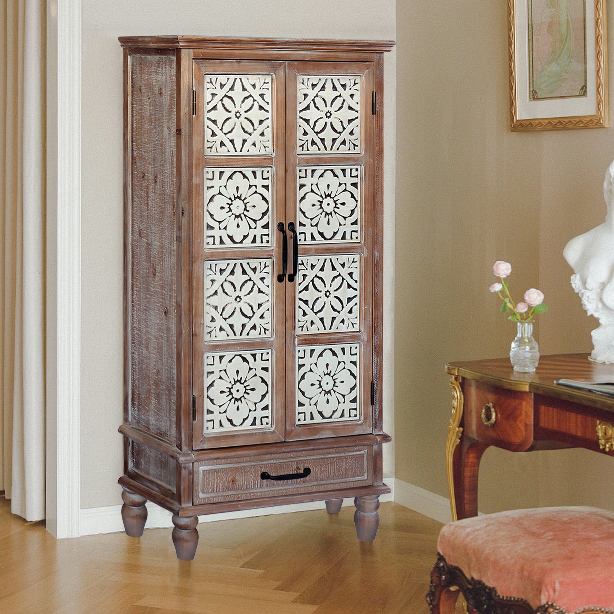 55.12'' Tall Tower Storage Cabinet - Rustic Wood Sideboard Pantry Cabinet - Versatile Buffet Cabinet with Storage for Home Decor and Organization chic cabinet with two doors and a drawer - Grand Goldman Shop