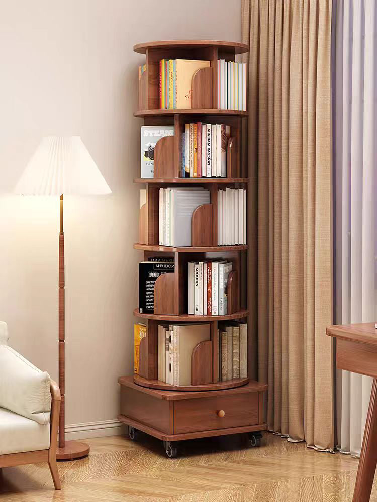 (UPGRADED) Rotating Bookshelf, 360 Display Corner Bookshelf for Small Space, 6 Tier Bookcase Storage Rack with Wheels, Wood Narrow Organizer for Bedroom, Living Room, Study Room, Walnut Brown - Grand Goldman Shop