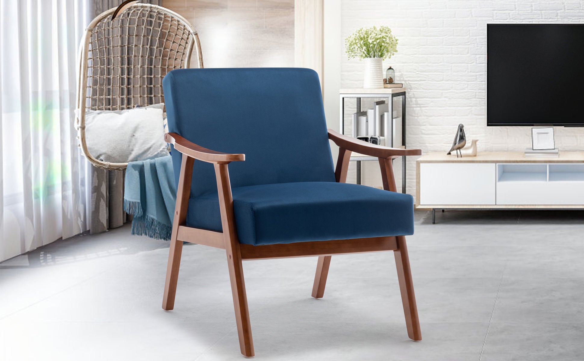 Mid-Century Modern Wingback Accent Chair with Solid Wood Frame and Extra-Thick Backrest – Lounge Chair for Living Room, Bedroom, or Reading Room - Grand Goldman Shop