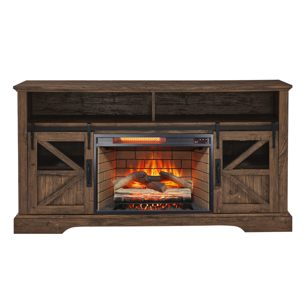 60 Inch Electric Fireplace  Entertainment Center With Door Sensor-Reclaimed Barnwood Color - Grand Goldman Shop