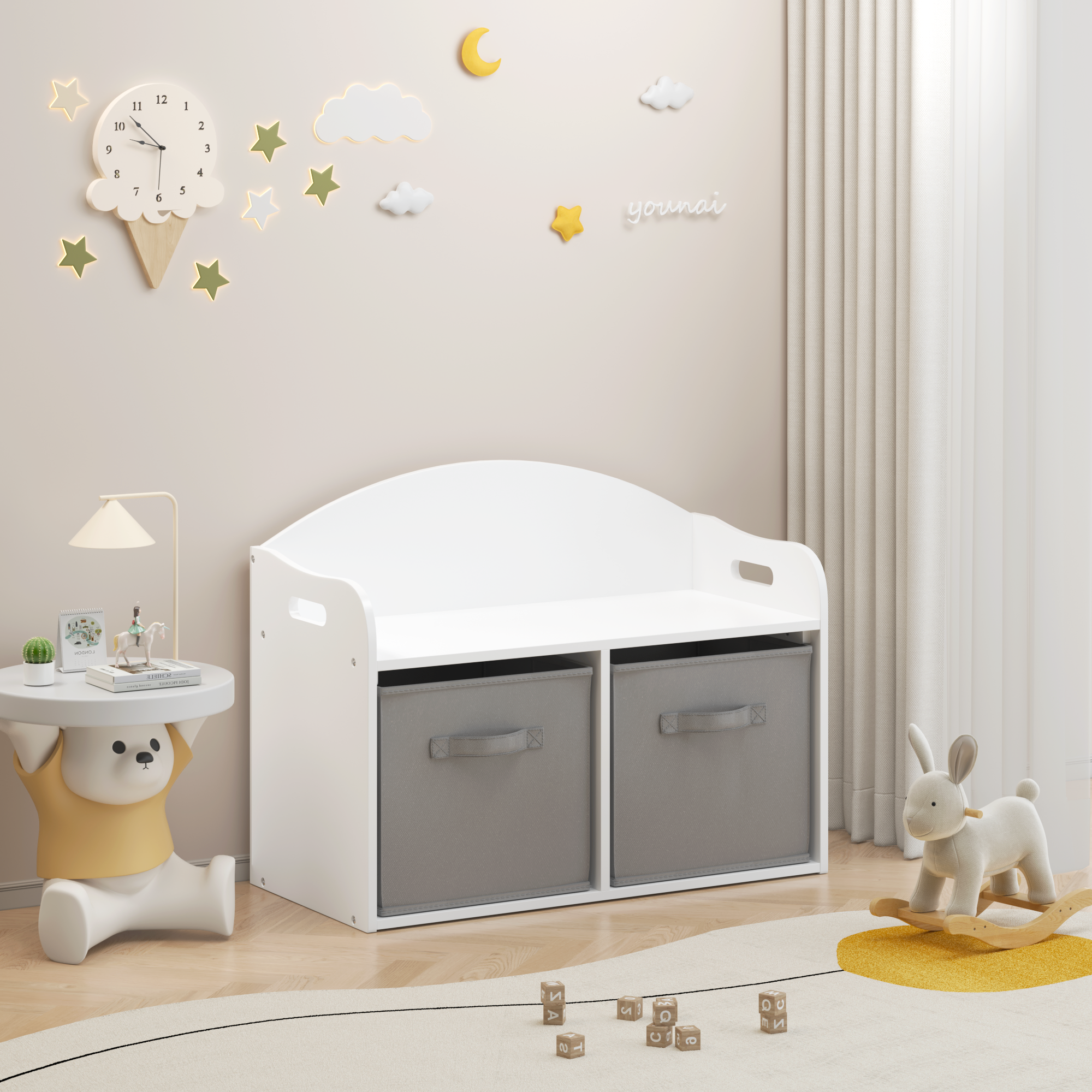 Kids Wooden Toy Box Bench with Collapsible Fabric Drawers, White MDF Storage Cabinet Organizer, 24.6 x 11.8 x 19.1 inches - G