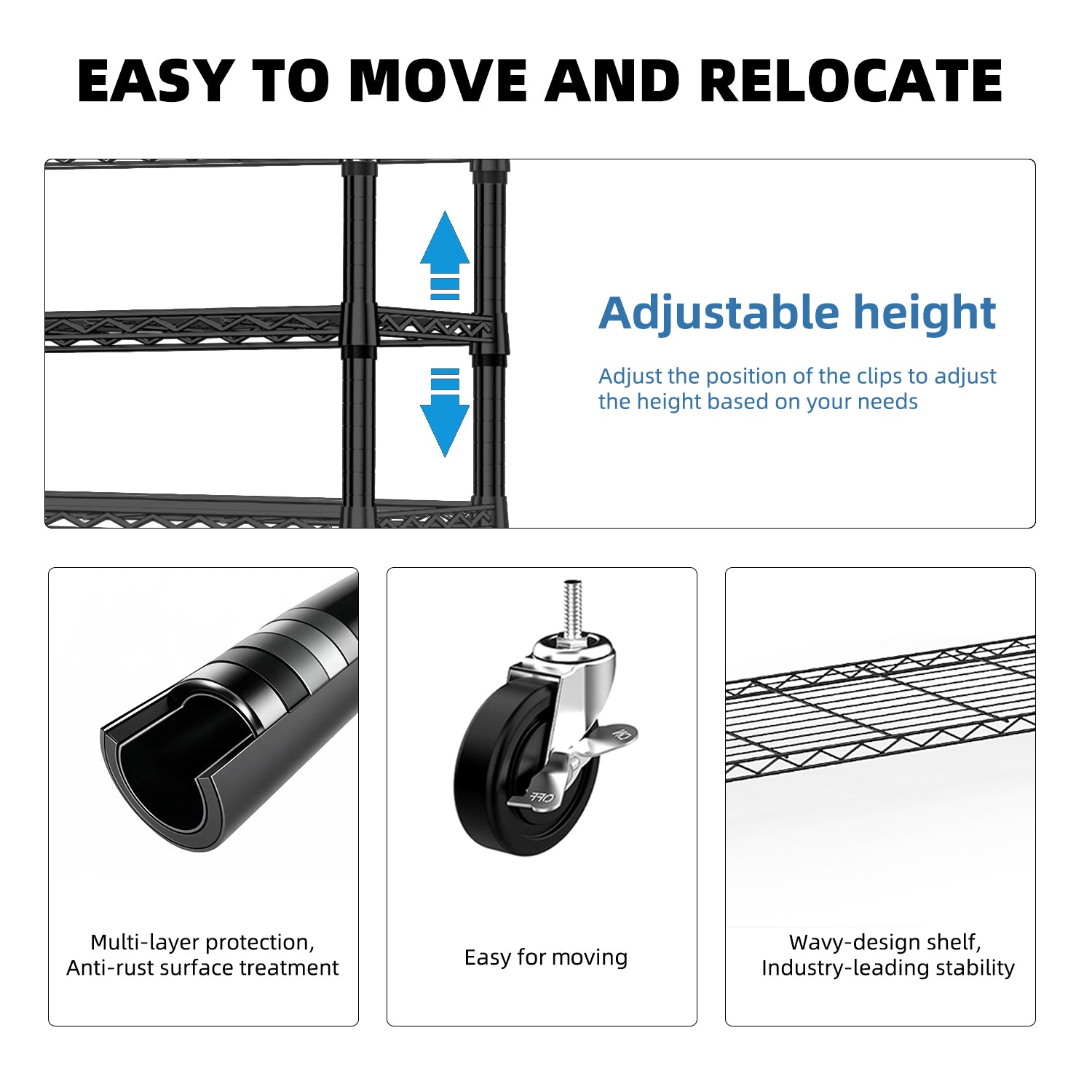 Heavy Duty Rolling Garment Rack 3 Tiers Adjustable Wire Shelving Clothes Rack with 1 Rods and Side Hooks,Storage Closet Clothing Rack with Wheels Black 15.7' D x 45.3' W x 75.6' H, Black - Grand Goldman Shop