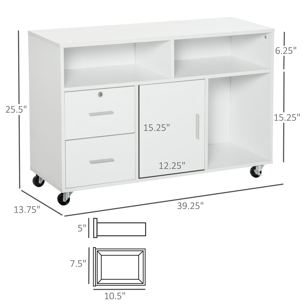 HOMCOM Printer Stand Home Office Mobile Cabinet Organizer Desktop with Caster Wheels, 2 Locking Breaks and Drawer, White | Pr