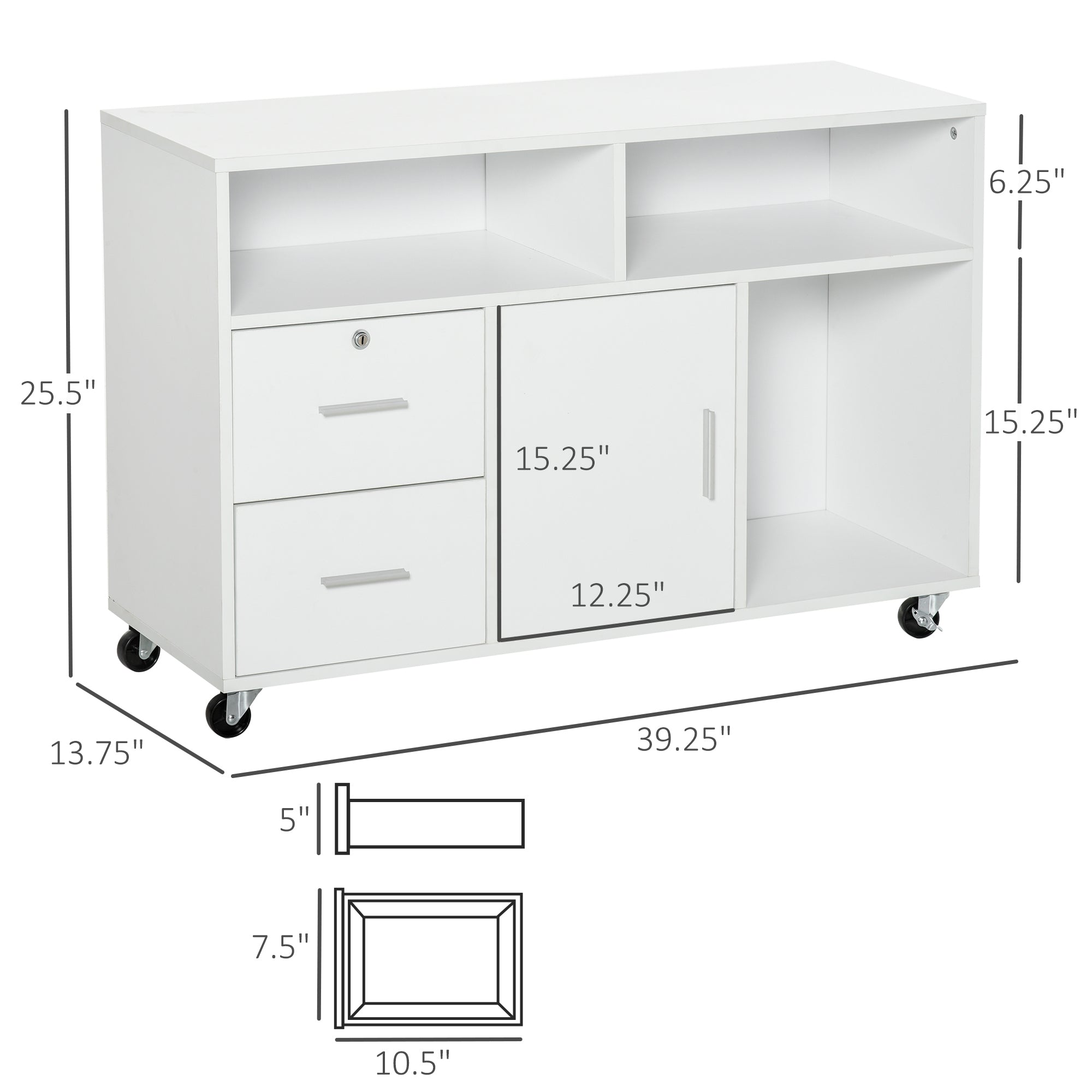 HOMCOM Printer Stand Home Office Mobile Cabinet Organizer Desktop with Caster Wheels, 2 Locking Breaks and Drawer, White | Pr
