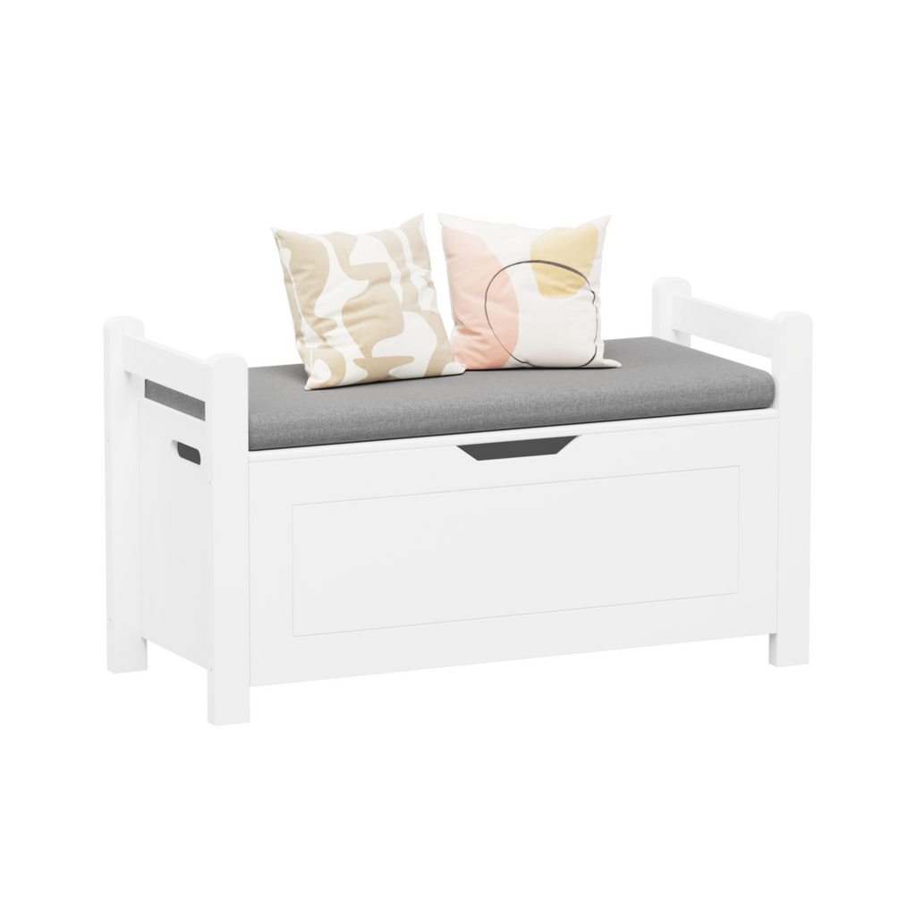 Kids Toy Box Chest White Storage Cabinet with Cushion Seat Bench Flip-Top Lid Safety Hinge for Nursery Playroom | Premium Hom
