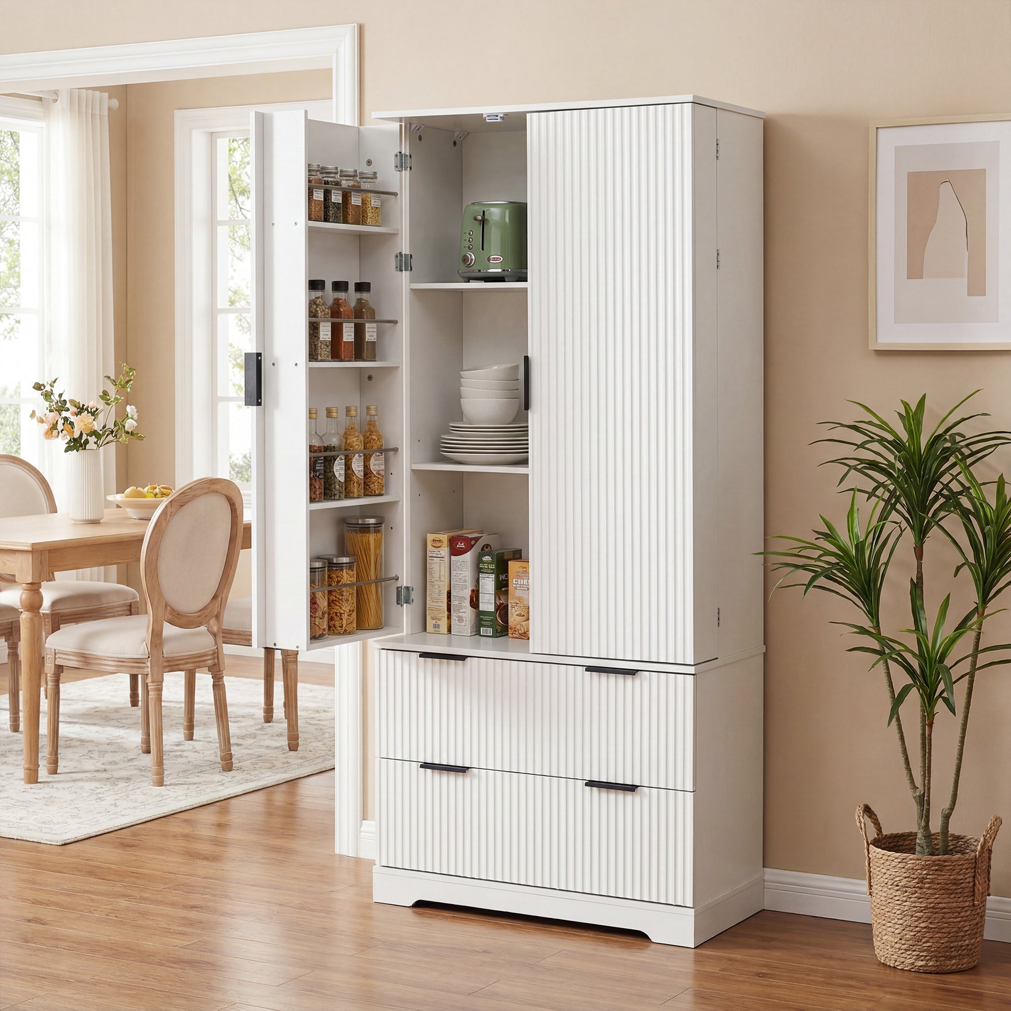 72' Modern Fluted Kitchen Pantry Cabinet with 2 Large Drawers & 8-Door Spice Rack, White MDF Freestanding Storage Organizer for Bathroom, Dining Room, Office, Entryway - Grand Goldman Shop