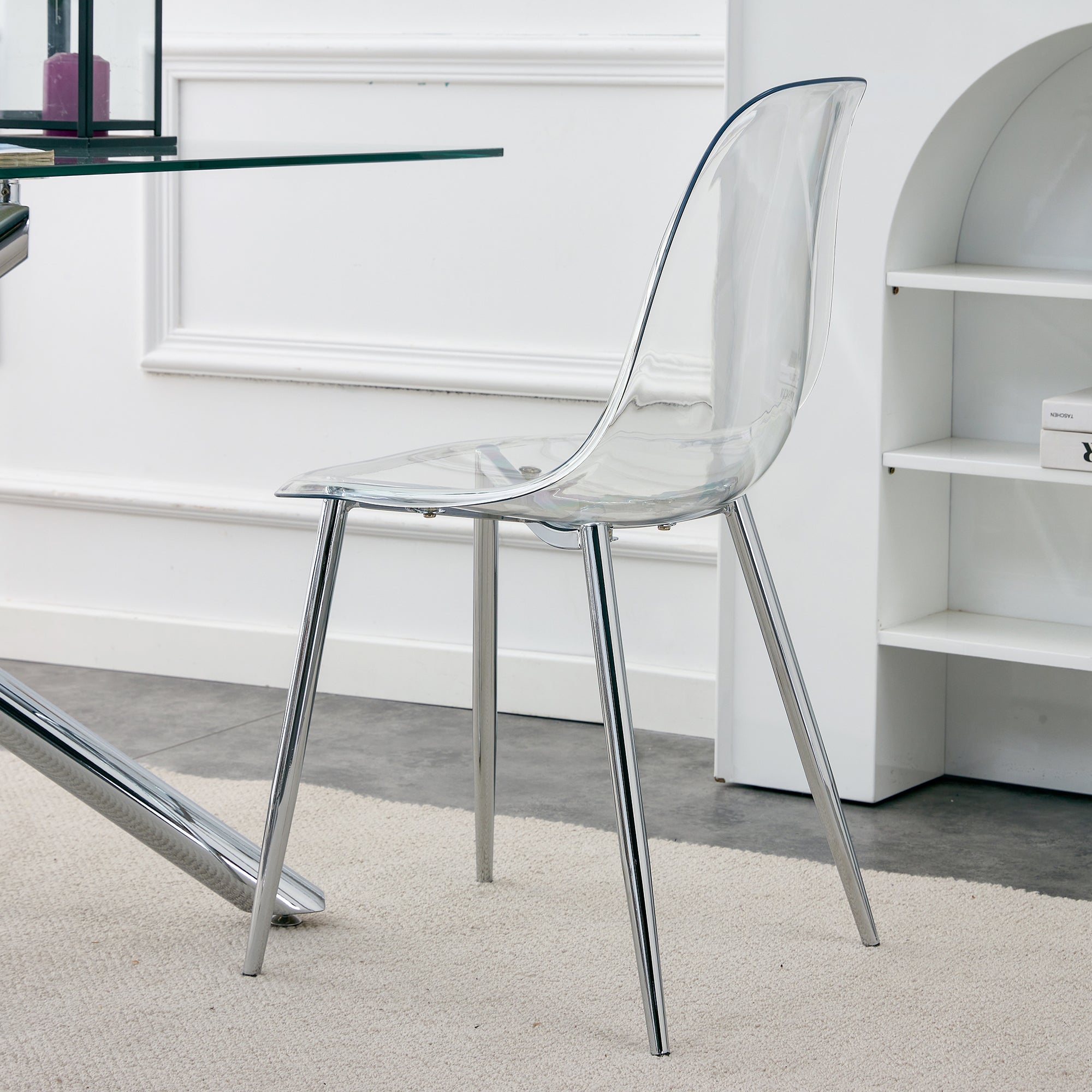 Modern simple transparent dining chair plastic chair armless crystal chair Nordic creative makeup stool negotiation chair Set of 4 and plating metal legW115164140,TW-1200 - Grand Goldman Shop
