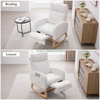 015B-Teddy Fabric Leisure Rocking Chair,Nursery Rocking Chair With Adjustable Footstool,Thickened Headrest And High Backrest, Storage Pocket On The Right Side,The Base Rocker Is Solid Wood,White - Grand Goldman Shop