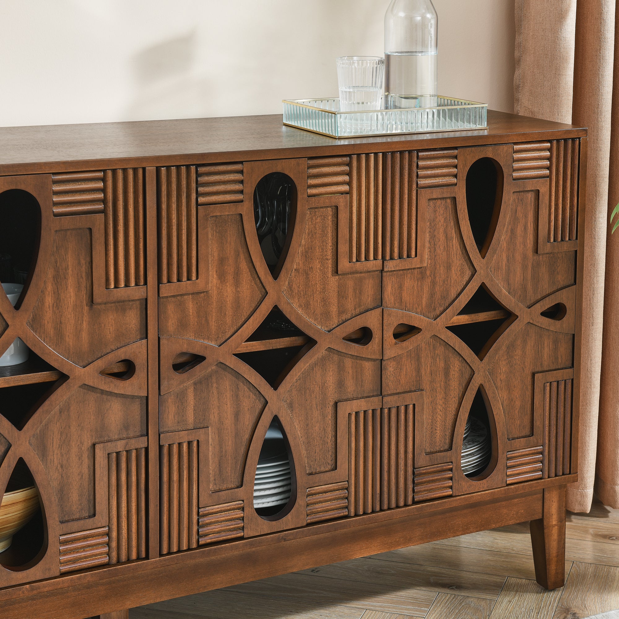 60.5' Mid Century Modern Sideboard Buffet Cabinet with Storage, TV Media Console Table, Storage Cabinet with 4 Doors & Adjustable Shelves for Kitchen Dining Living Room Entryway, Walnut - Grand Goldman Shop