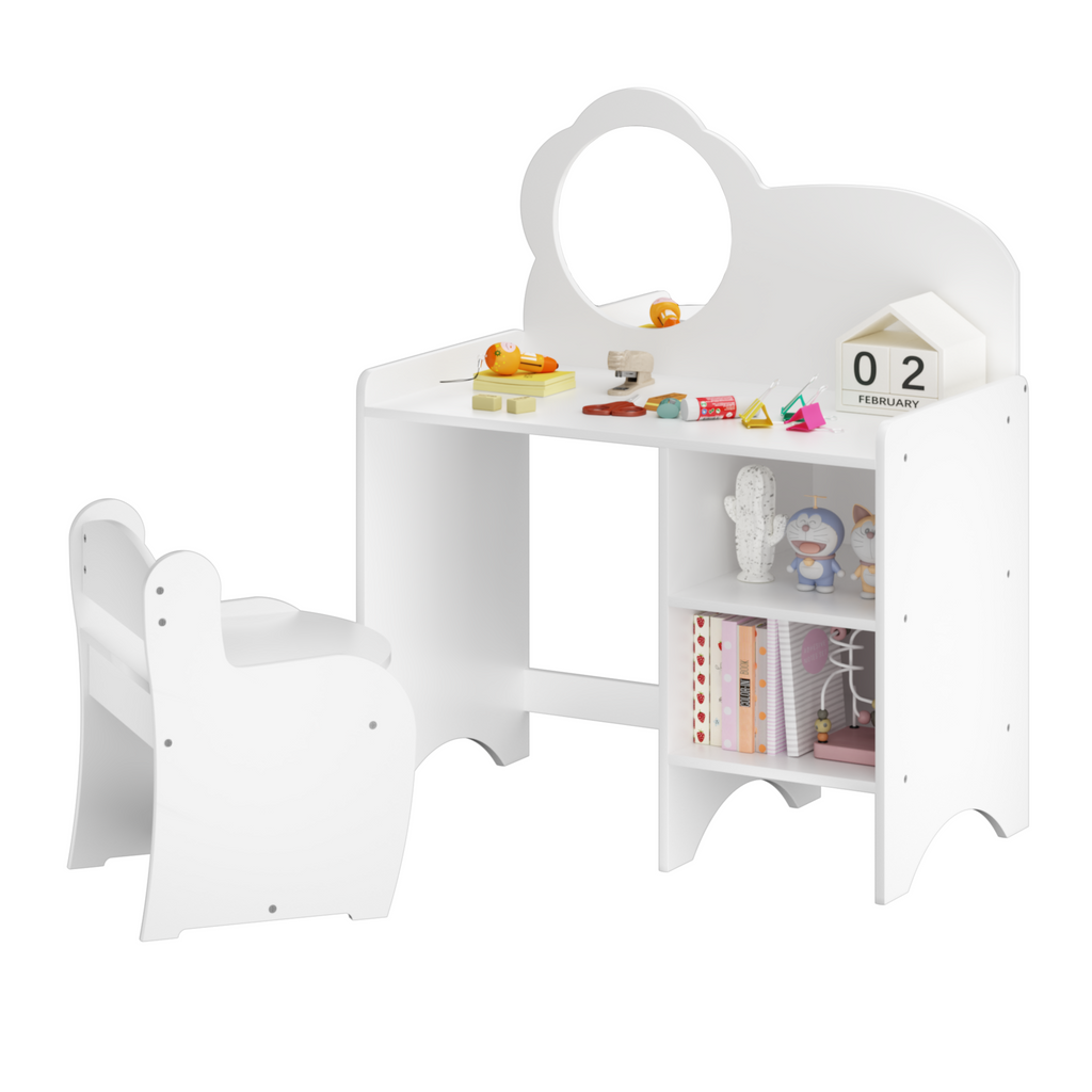 Kids Vanity Table with Mirror and Chair, Wooden Children's Dressing Makeup Desk with Storage Shelves, Study and Activity Tabl