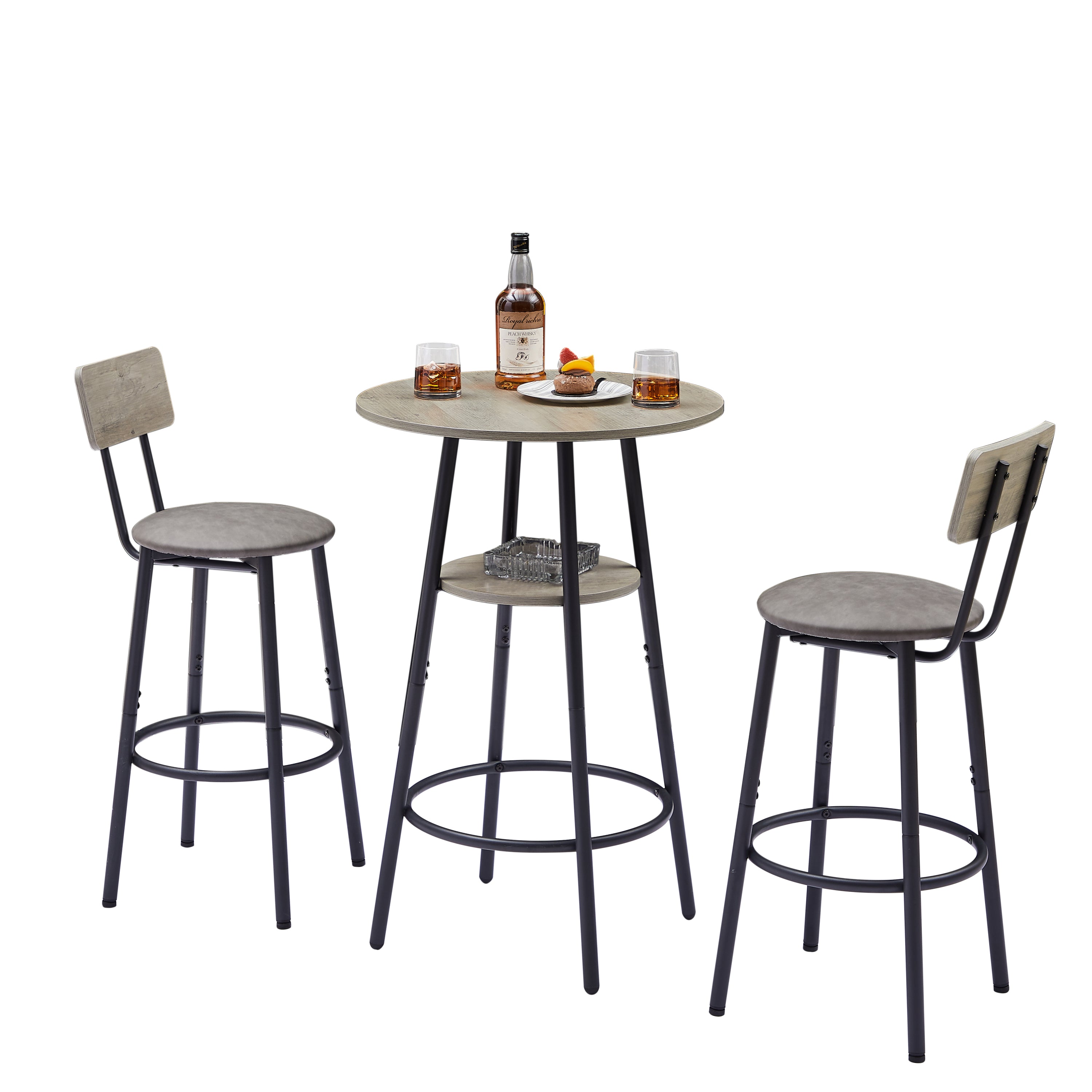 Round bar stool set with shelf, upholstered stool with backrest Grey, 23.62'' W x 23.62'' D x 35.43'' H. - Grand Goldman Shop