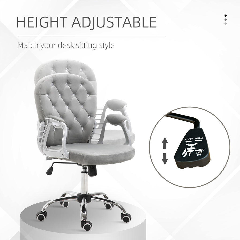 Velvet Home Office Chair, Button Tufted Desk Chair with Padded Armrests, Adjustable Height and Swivel Wheels, Gray - Grand Go