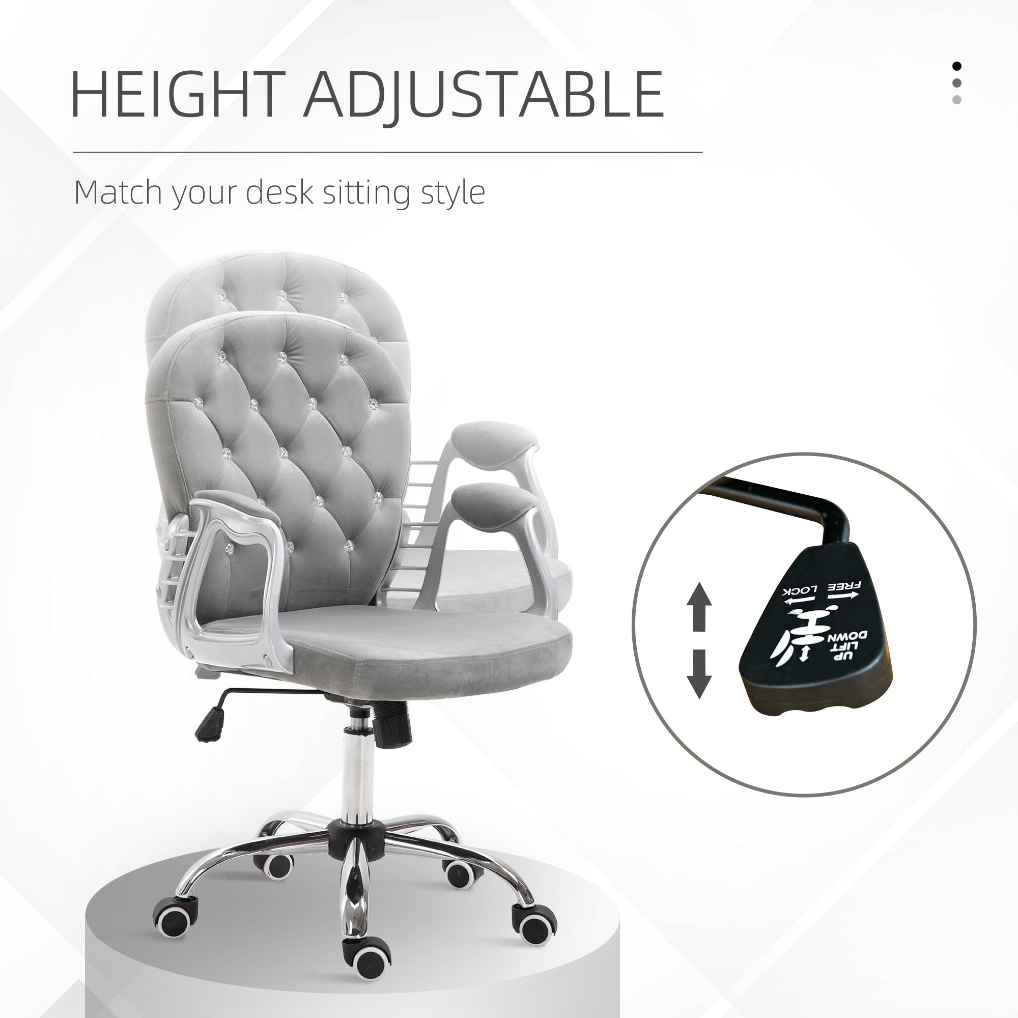 Velvet Home Office Chair, Button Tufted Desk Chair with Padded Armrests, Adjustable Height and Swivel Wheels, Gray - Grand Go