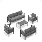 Modern Metal Patio Furniture Set with 7-Seat Conversation Sofa, Thick Gray Cushions & Gray Frame, Wood-Like Coffee Table