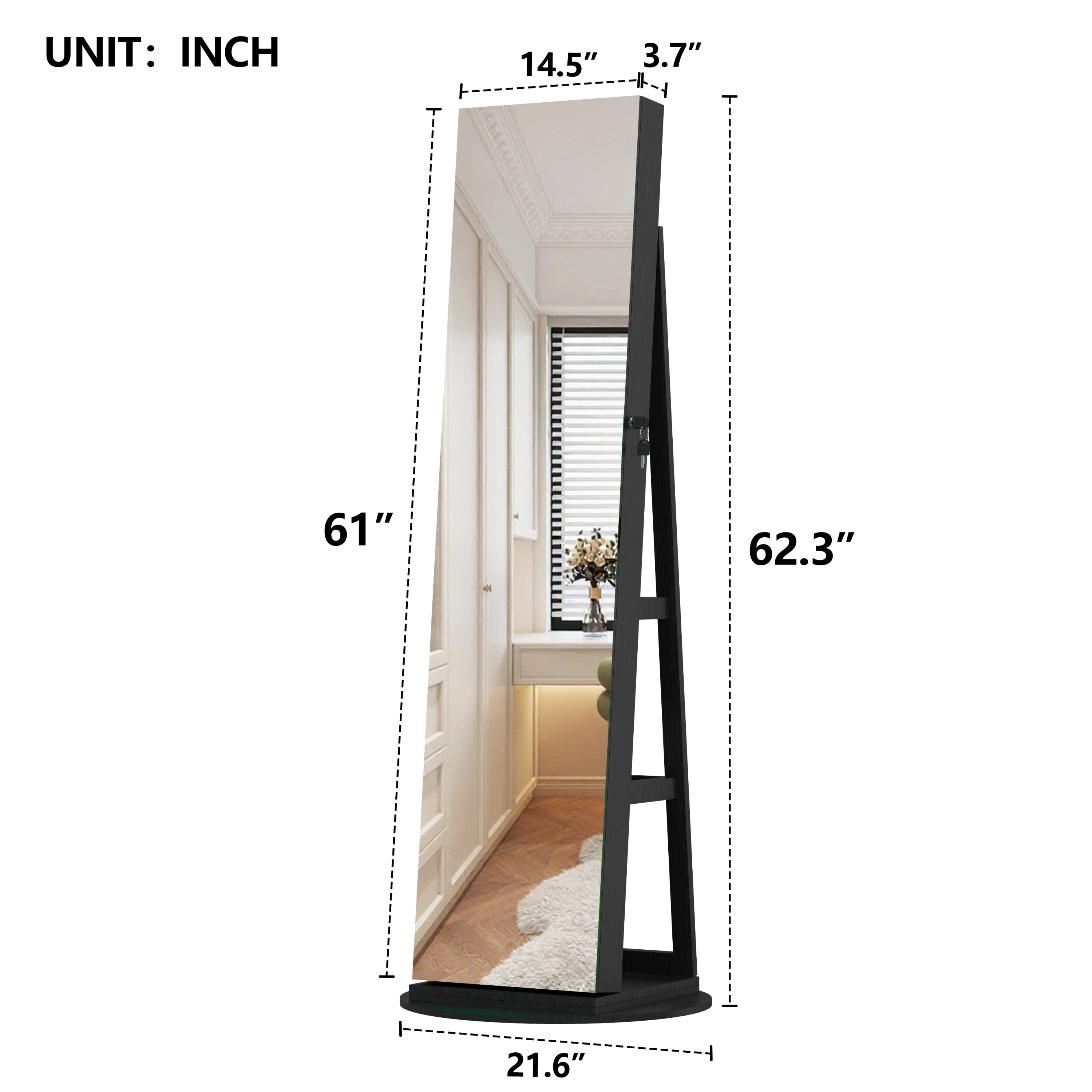 360°Swivel Jewelry Cabinet with Full Length Mirror, 360°Rotating Standing Jewelry Armoire Organizer, Lockable Storage Cabinet, Interior Lighted Mirror, Black - Grand Goldman Shop