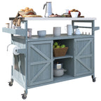K&K Outdoor Kitchen Island, Rolling Bar Cart & Storage Cabinet, Farmhouse Solid Wood Outdoor Grill Table with Stainless Steel Top, Spice Rack , Towel Rack for Kitchen & BBQ , Grey Blue - Grand Goldman Shop