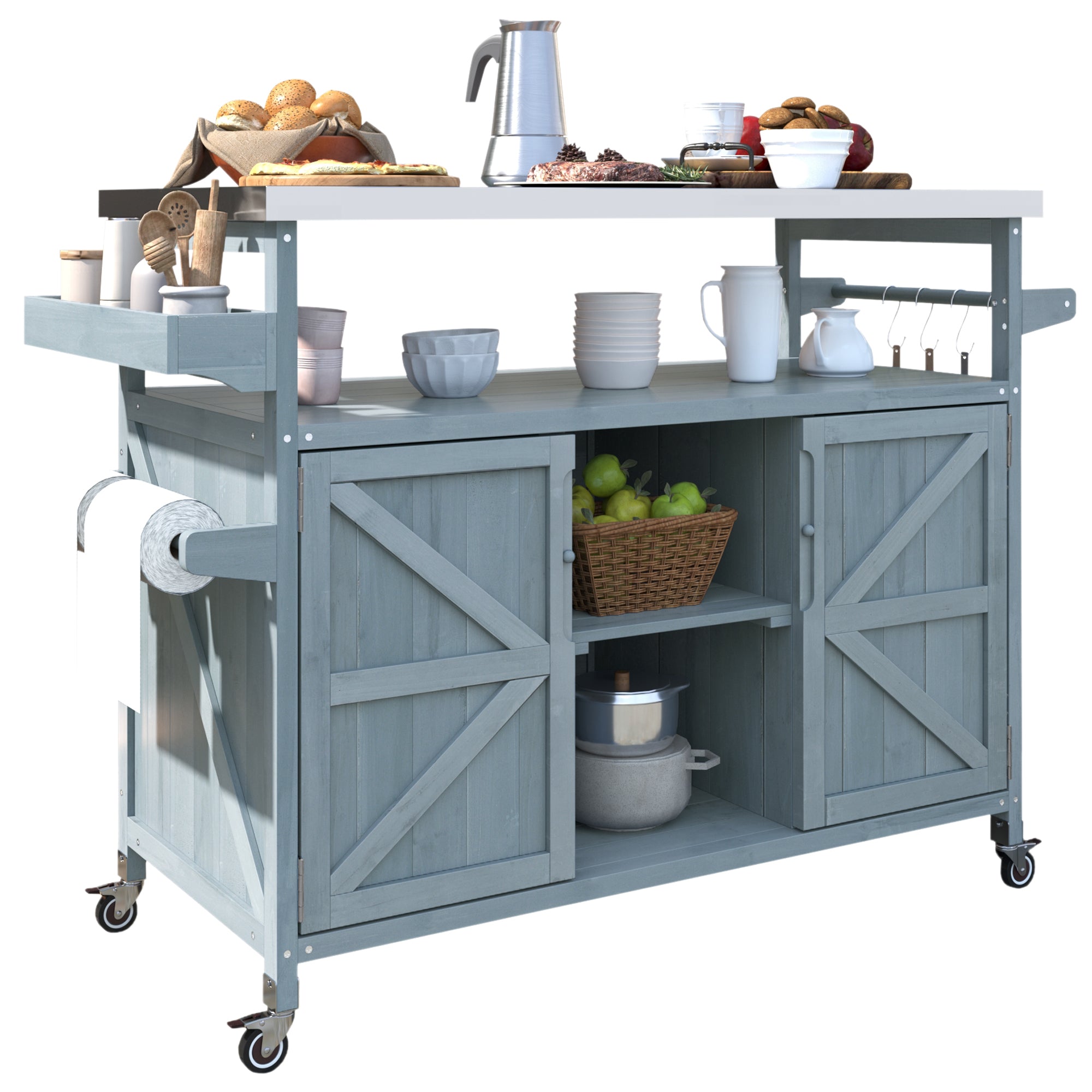 K&K Outdoor Kitchen Island, Rolling Bar Cart & Storage Cabinet, Farmhouse Solid Wood Outdoor Grill Table with Stainless Steel Top, Spice Rack , Towel Rack for Kitchen & BBQ , Grey Blue - Grand Goldman Shop
