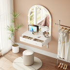 Floating Makeup Vanity Desk with Mirror & 3-Color Lights, Wall Dressing Table with Power Outlet, Compact vanity, Large Storage, White - Grand Goldman Shop