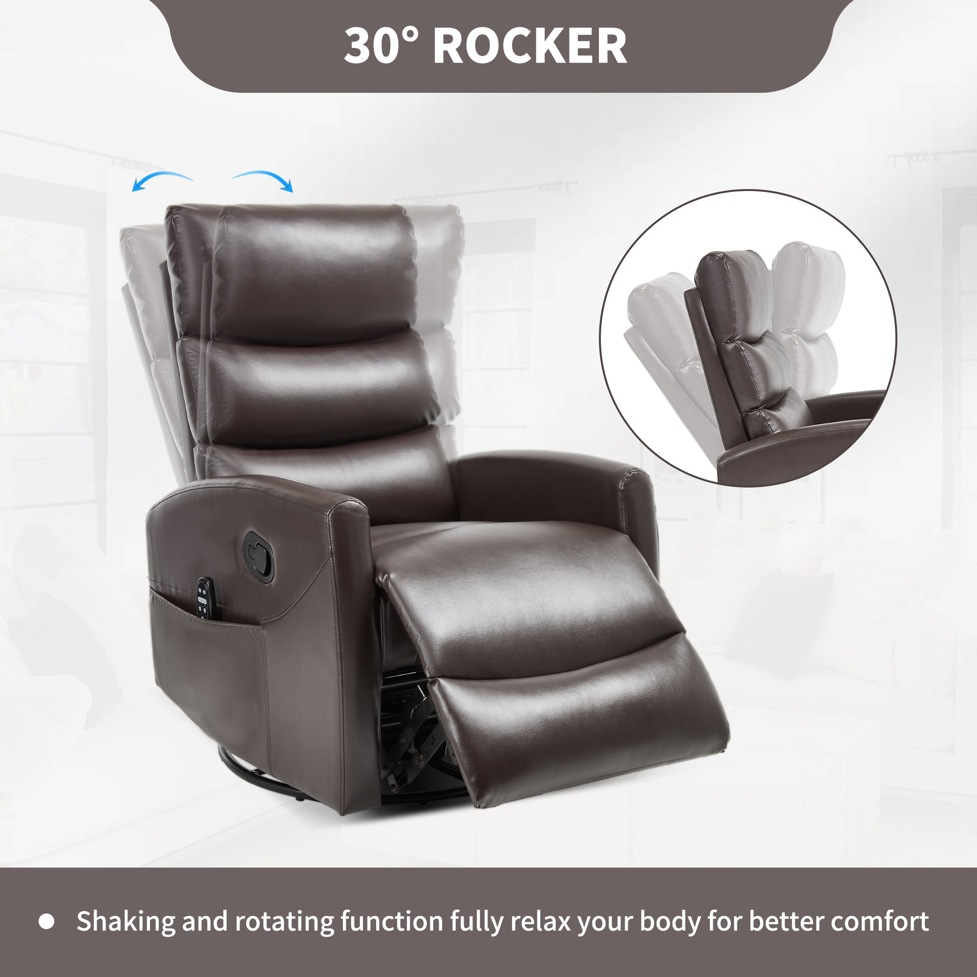 Heat Massage Manual Recliner Chair with Rocker and Swivel in Fabric for Living Room, Brown - Grand Goldman Shop