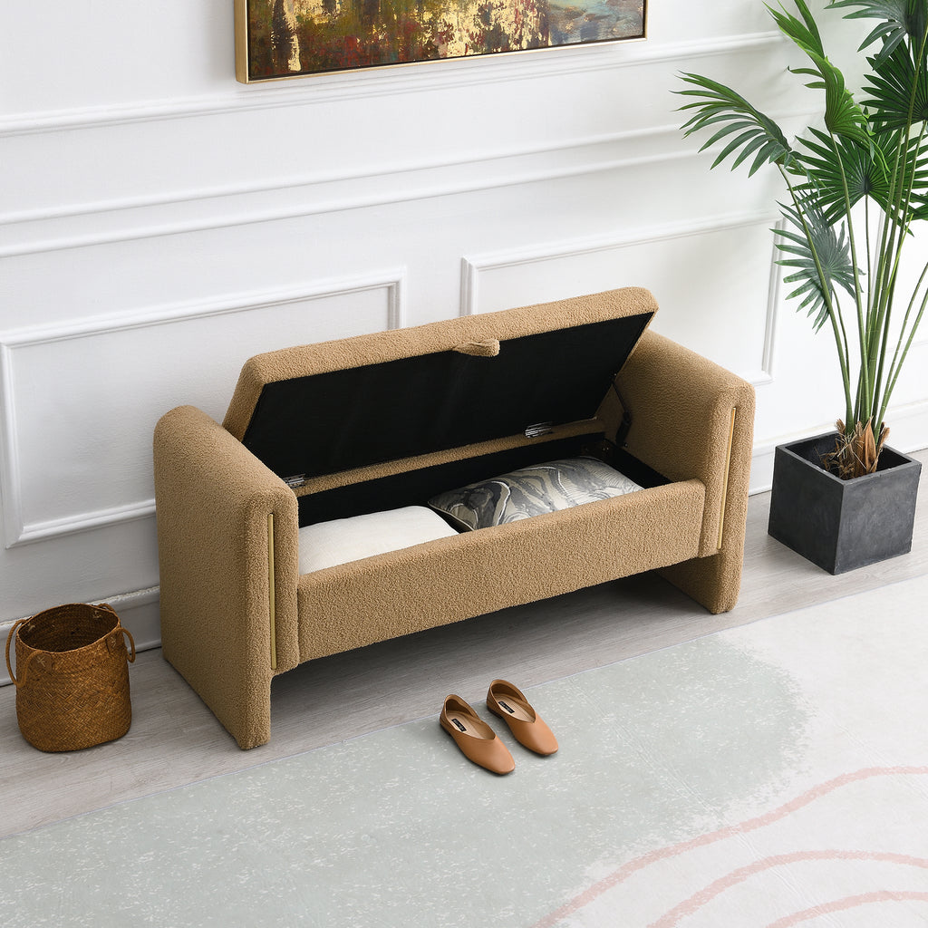 Modern Teddy Bed End Bench with Arms and Storage, Upholstered Foot Rest Stool, Coffee Color, Plywood, 52.3' Length - Grand Goldman Shop