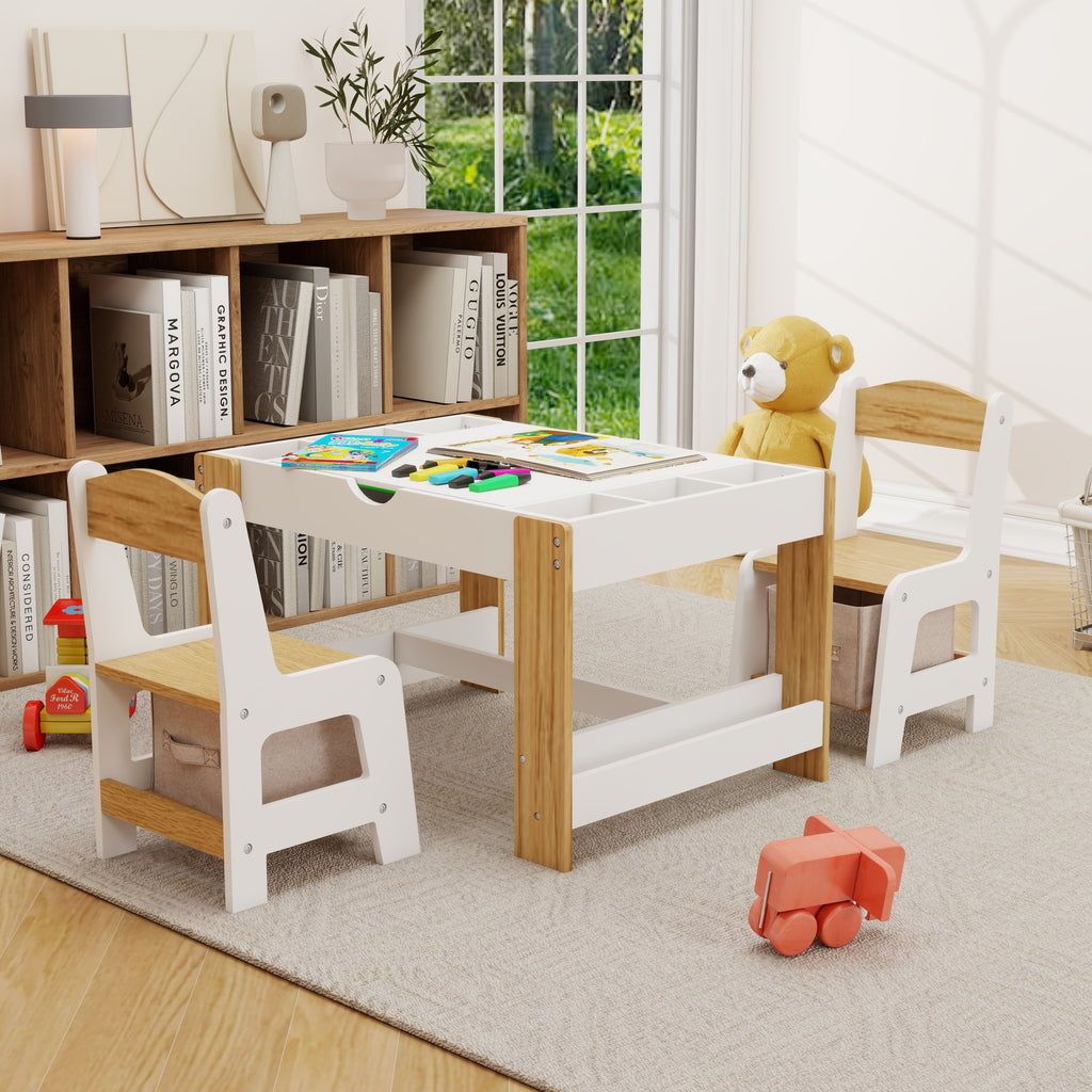 Kids 2 in 1 Play Table & 2 Chairs Set,with 7 Storage Compartments,Compatible with LEGO Building Block,Modern Activity Learnin