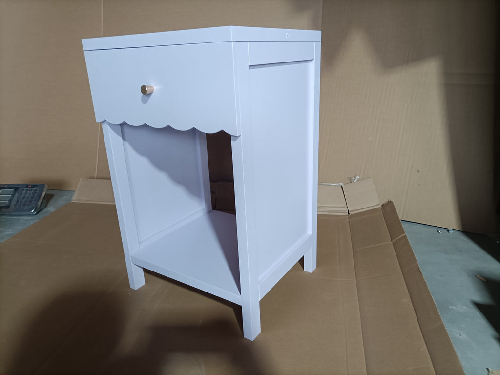 Modern Nightstand with Drawer and Open Shelf, Scalloped Edge Bedside Table in Light Purple, Minimalist Side Table for Kids Room or Girls' Room, Engineered Wood, 16.93 x 14.96 x 26.77 inches - Grand Goldman Shop