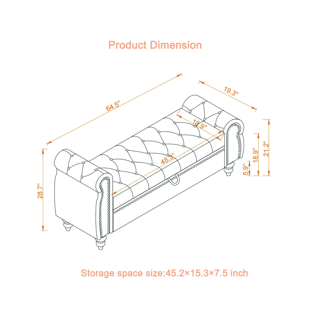 64.5' Bed Bench for Bed Room Nails Tufted Chaise of Lounge with Storage Velvet Upholstery Black - Grand Goldman Shop