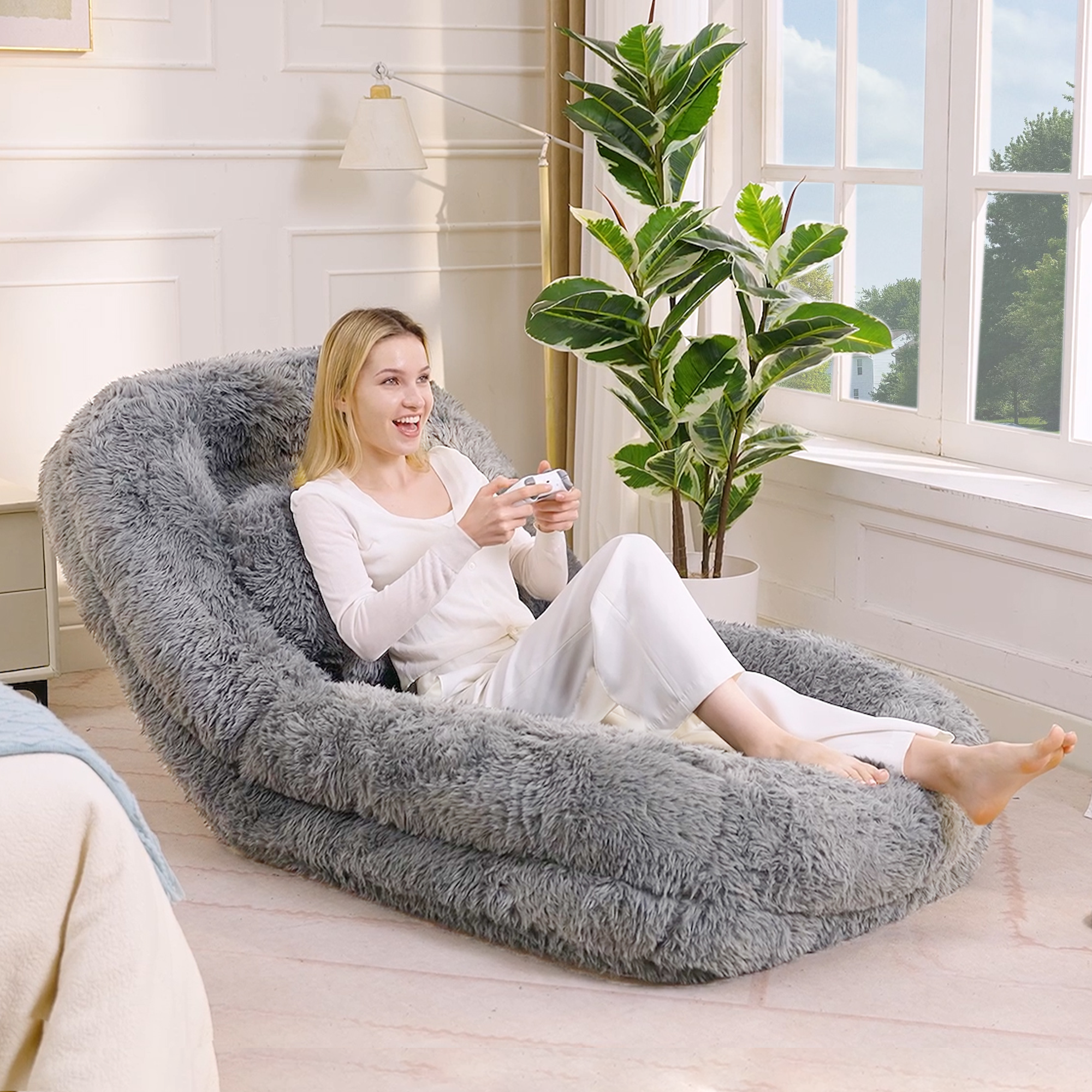 [NEW ARRIVED] [VIDEO PROVIDED] Human Dog Bed,Lazy Sofa,5-Position Adjustable Convertible,Floor Gaming Chair,bedroom, living room,Suitable for gaming, meditation,relaxation,Plush Fabric,Light Gray - Grand Goldman Shop