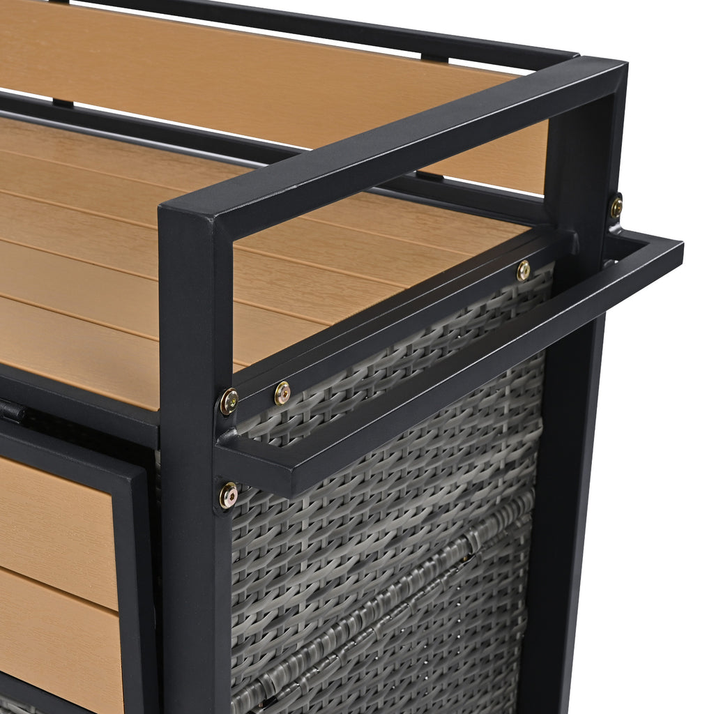 K&K 52.8'W Wicker Outdoor Grill Cart with Extended Plastic Wood Table Top, Rolling Kitchen Island on Wheels with Storage Cabinet, for Patio Backyard Garden Poolside, Double Handle Design, Grey - Grand Goldman Shop