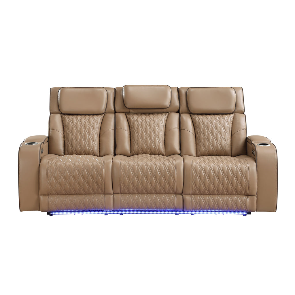Fortuner Power Reclining 3Pc Living Room Set in Caramel Faux Leather with LED Lights, Massage Function, Bluetooth Speakers and Wireless Charging - Grand Goldman Shop