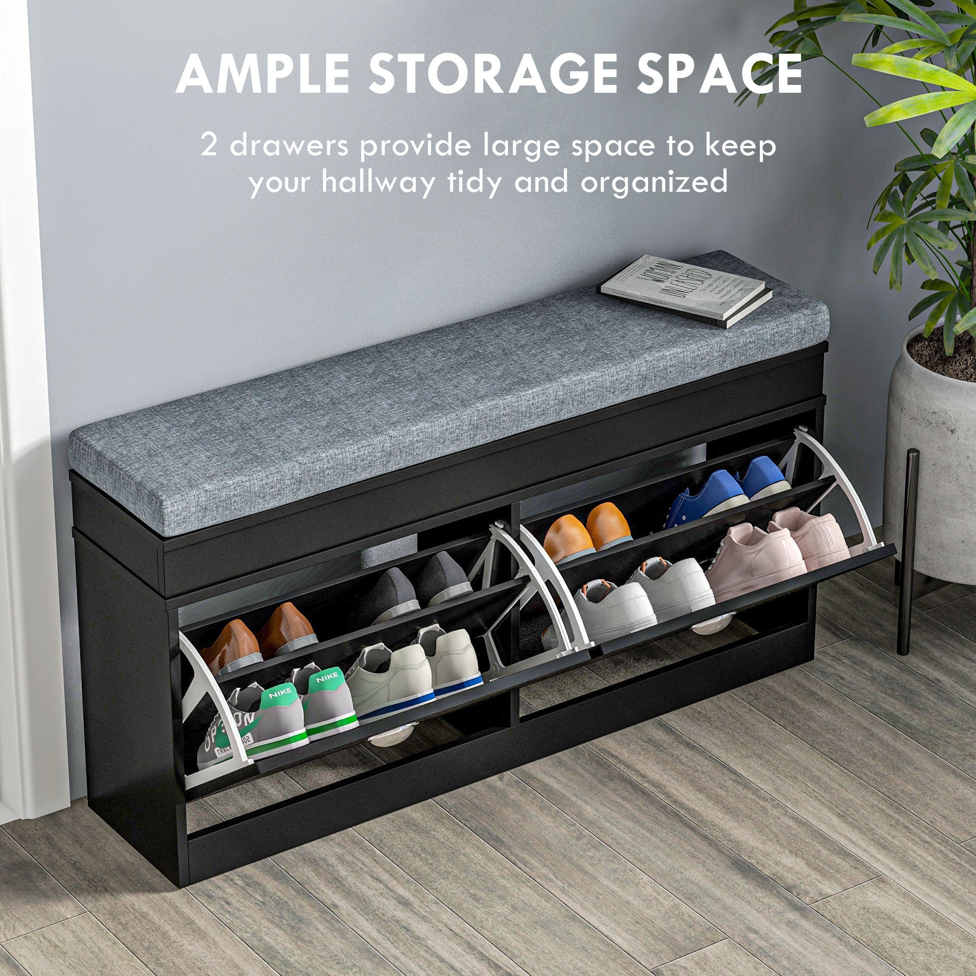 HOMCOM Modern Shoe Rack Bench for Entryway, Storage Organizer with Cushion, 2 Drawers, Adjustable Shelf, Holds 8 Pairs, Black - Grand Goldman Shop